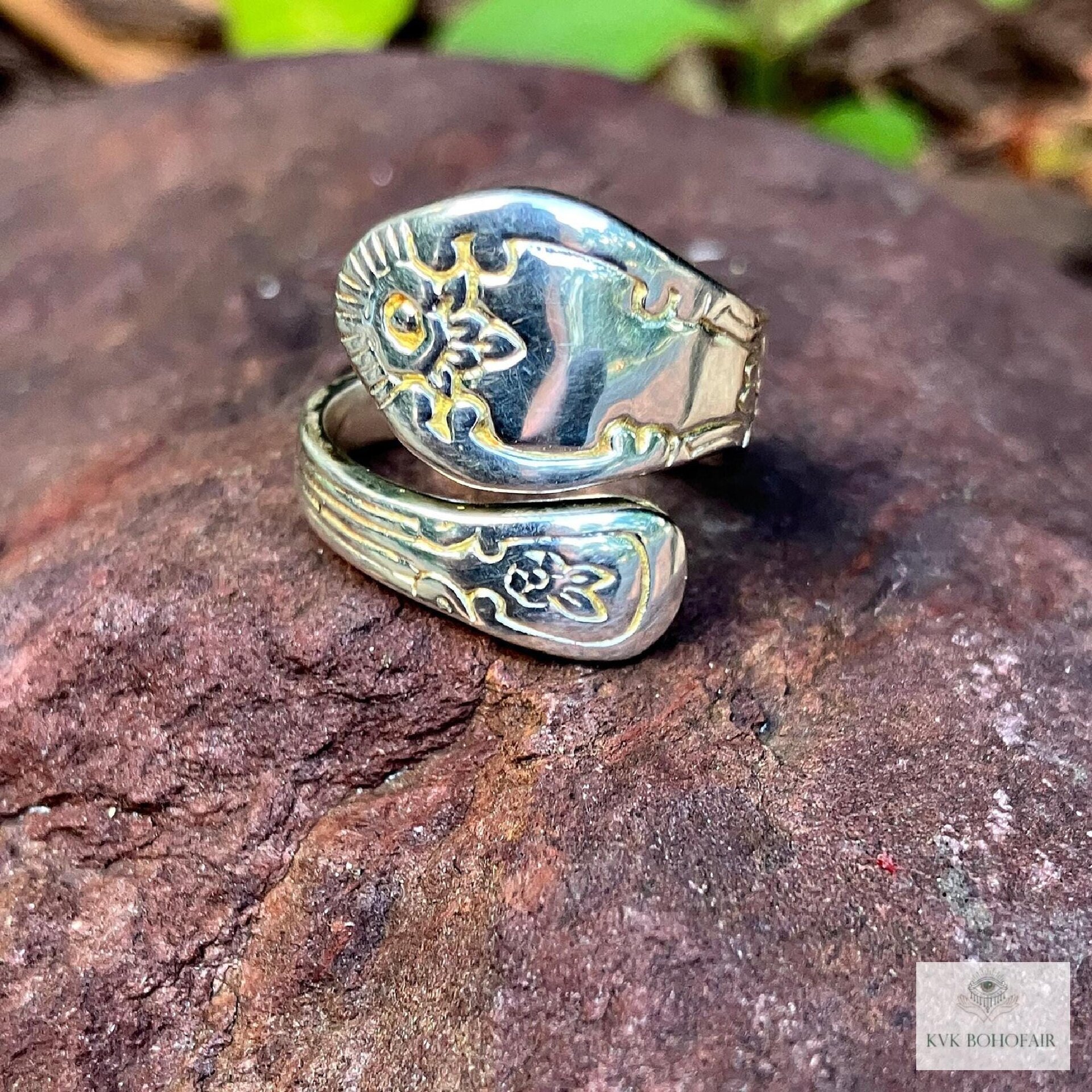 Sterling Silver Flower Spoon Ring, Boho Floral Band, Artisan Silverware Souvenir Jewelry