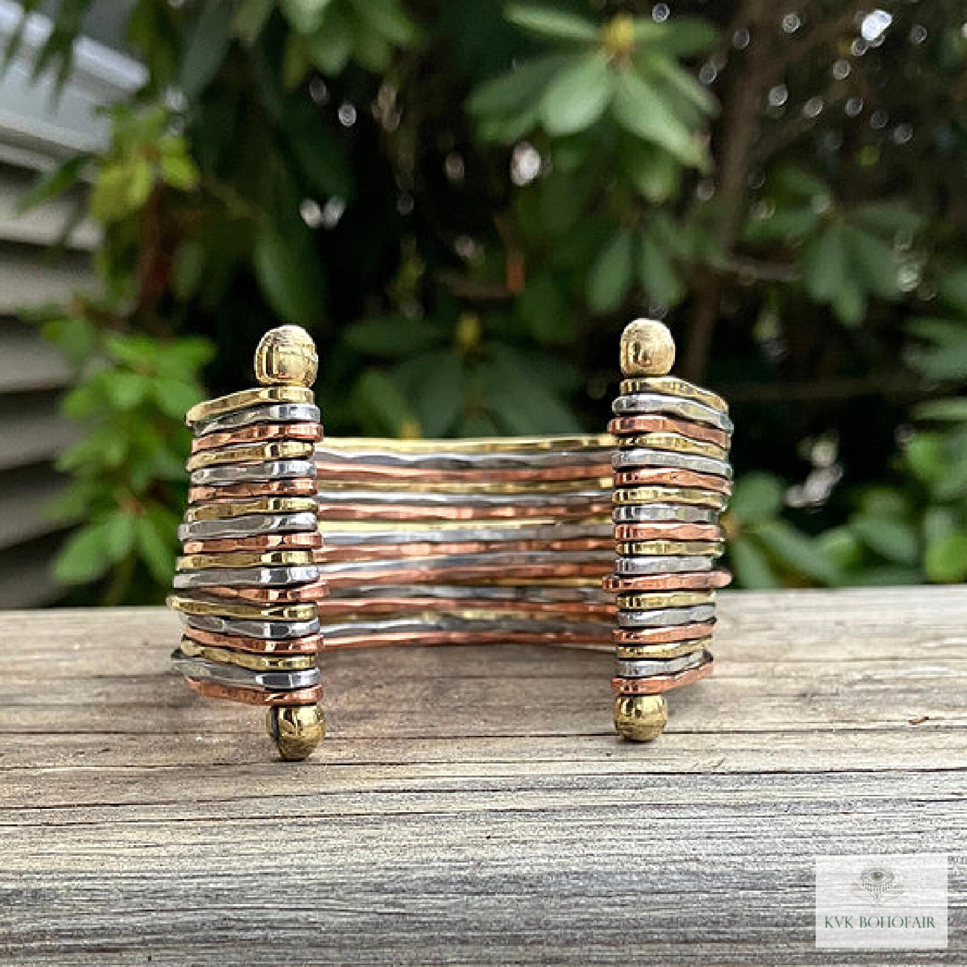 Wide Hammered Mixed Metal Cuff Bracelet - Statement Artisan Jewelry