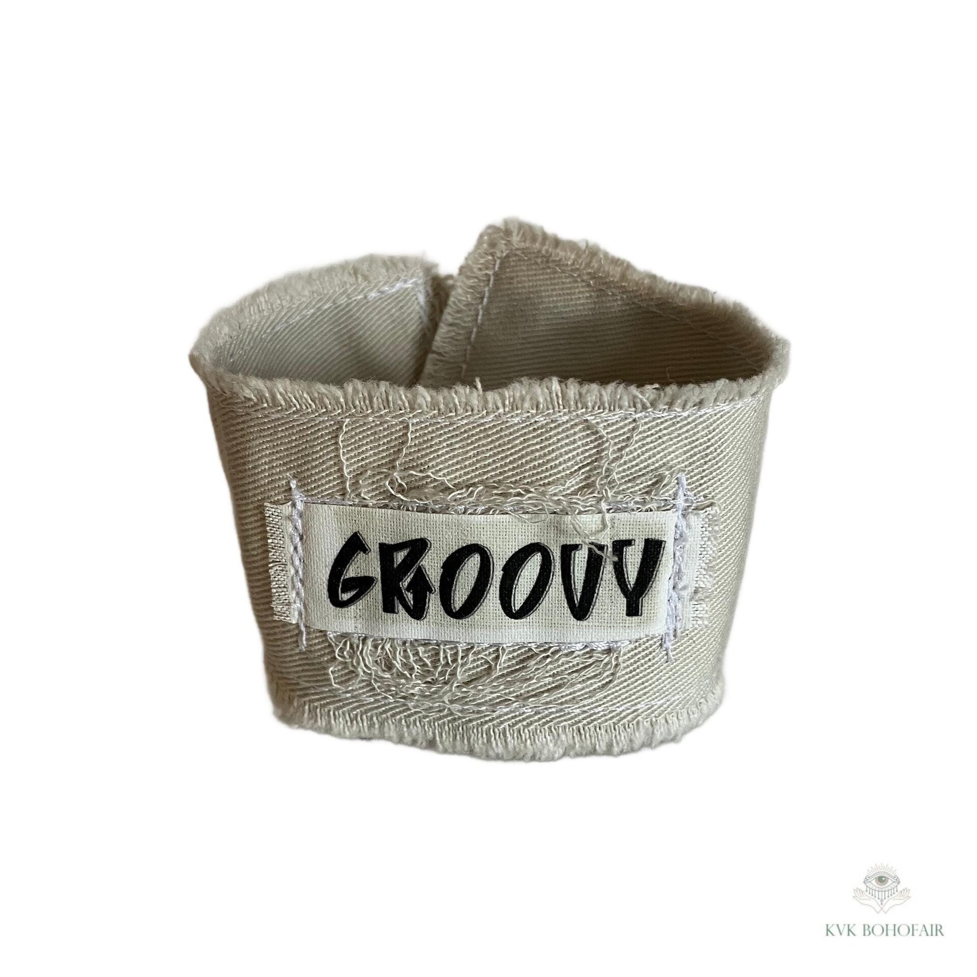 GROOVY Beige Fabric Cuff Bracelet - Vintage Button Textile Wristband