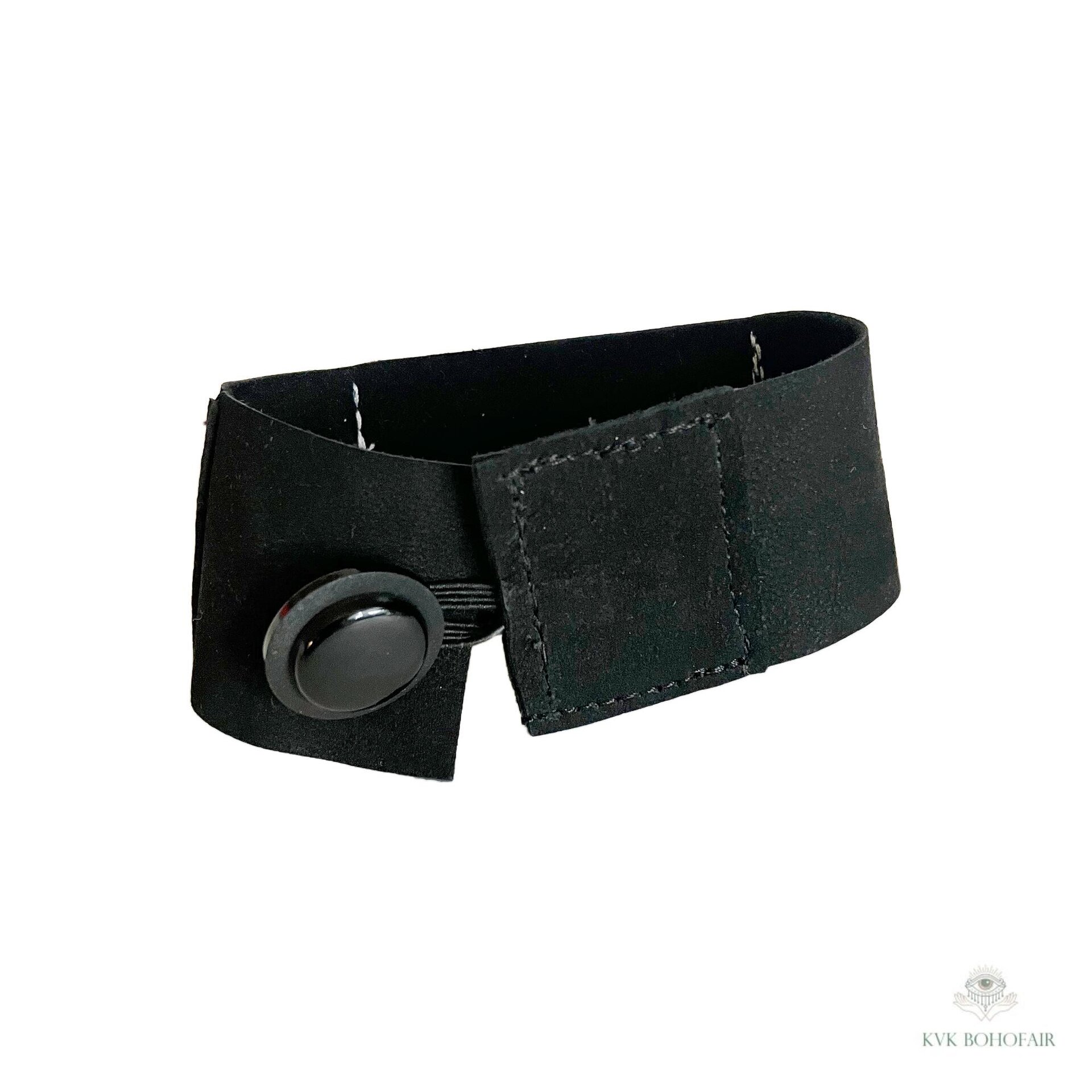 Black Suede Boho Cuff Bracelet - Cotton Fabric, Vintage Crochet, Button Closure