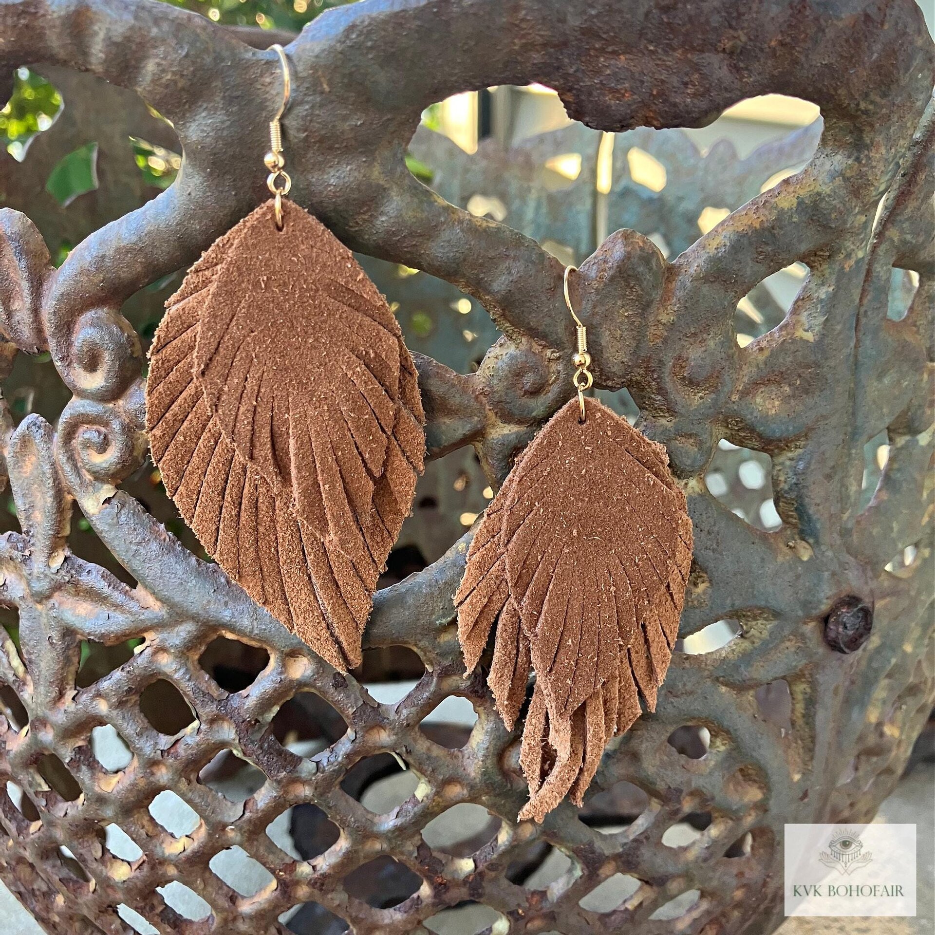 Brown Suede Feather Earrings, Boho Statement Jewelry, Handcrafted Suede Feathers, Gift for Her