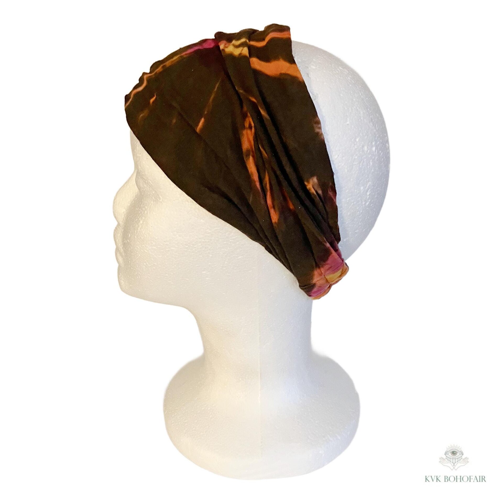 Brown Tie Dye Cotton Headband, Wide Boho Yoga Headwrap for Women, Bohemian Workout Hairband