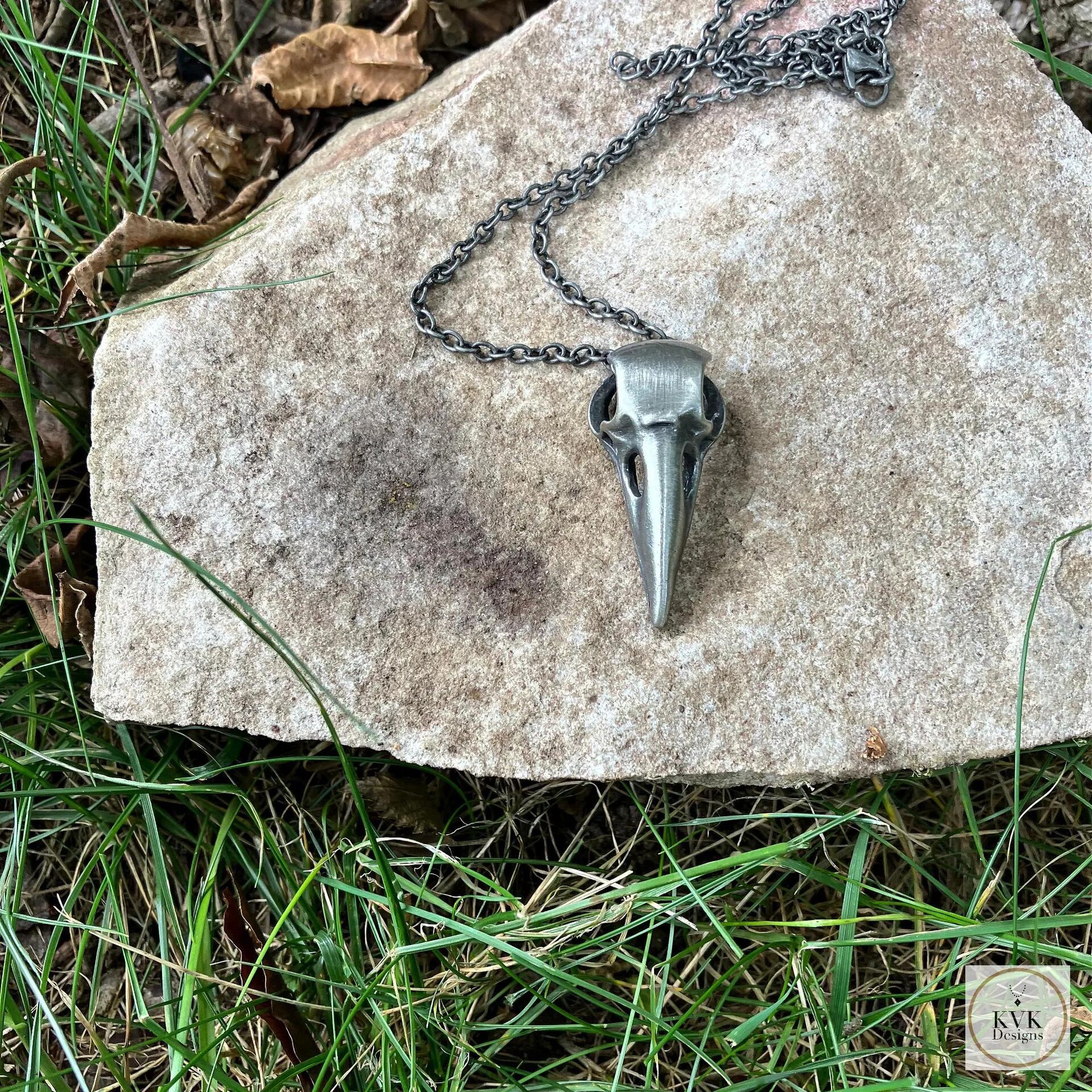 Gothic Silver Crow Skull Necklace, Antique Raven Head Pendant