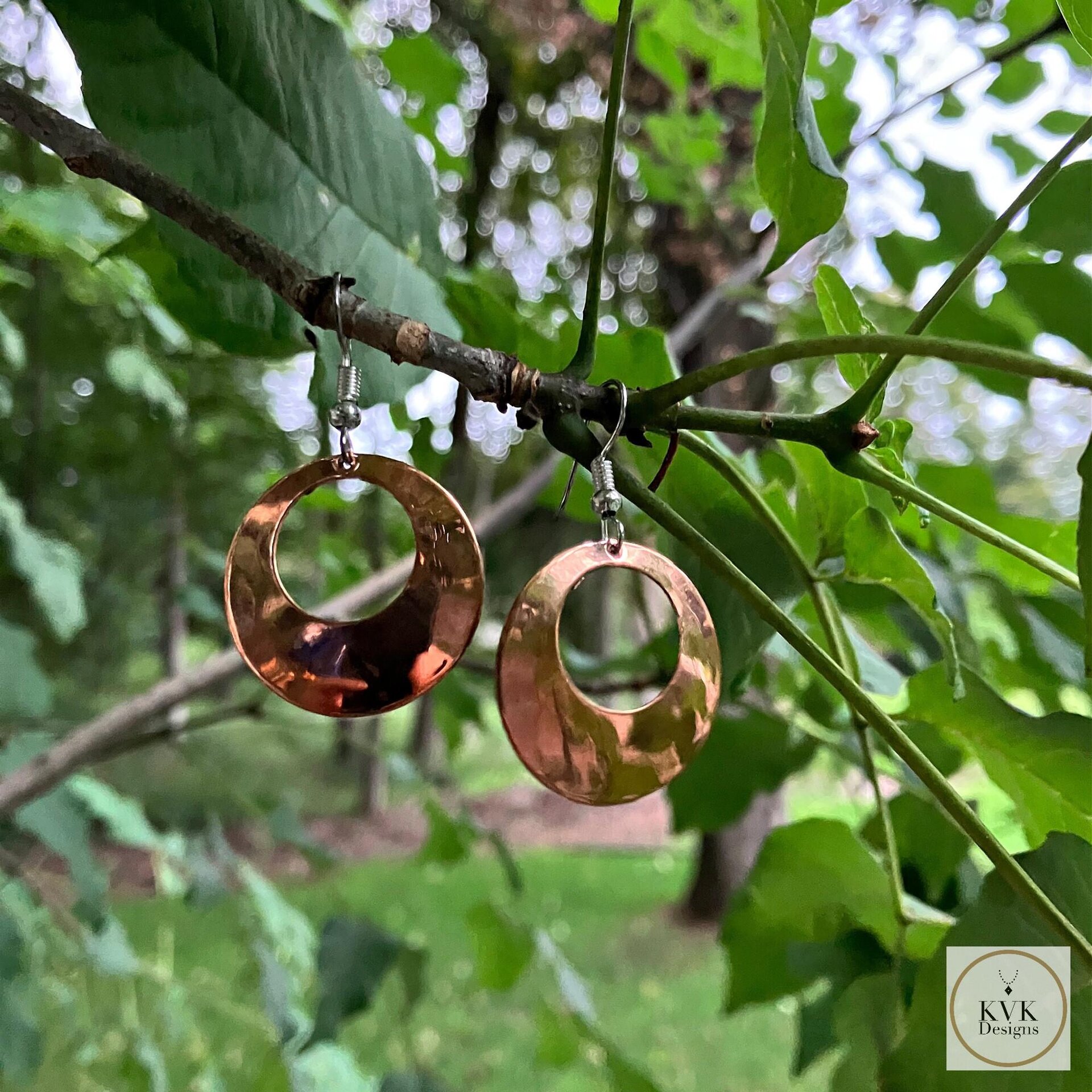 Round Copper Hoop Earrings - Boho Earrings, Handcrafted Hammered Dangles