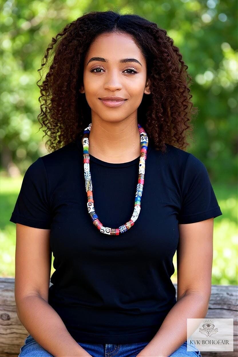 43 Inch Long African Trade Bead Necklace - Vibrant Bohemian Statement Jewelry, Glass Krobo Strand