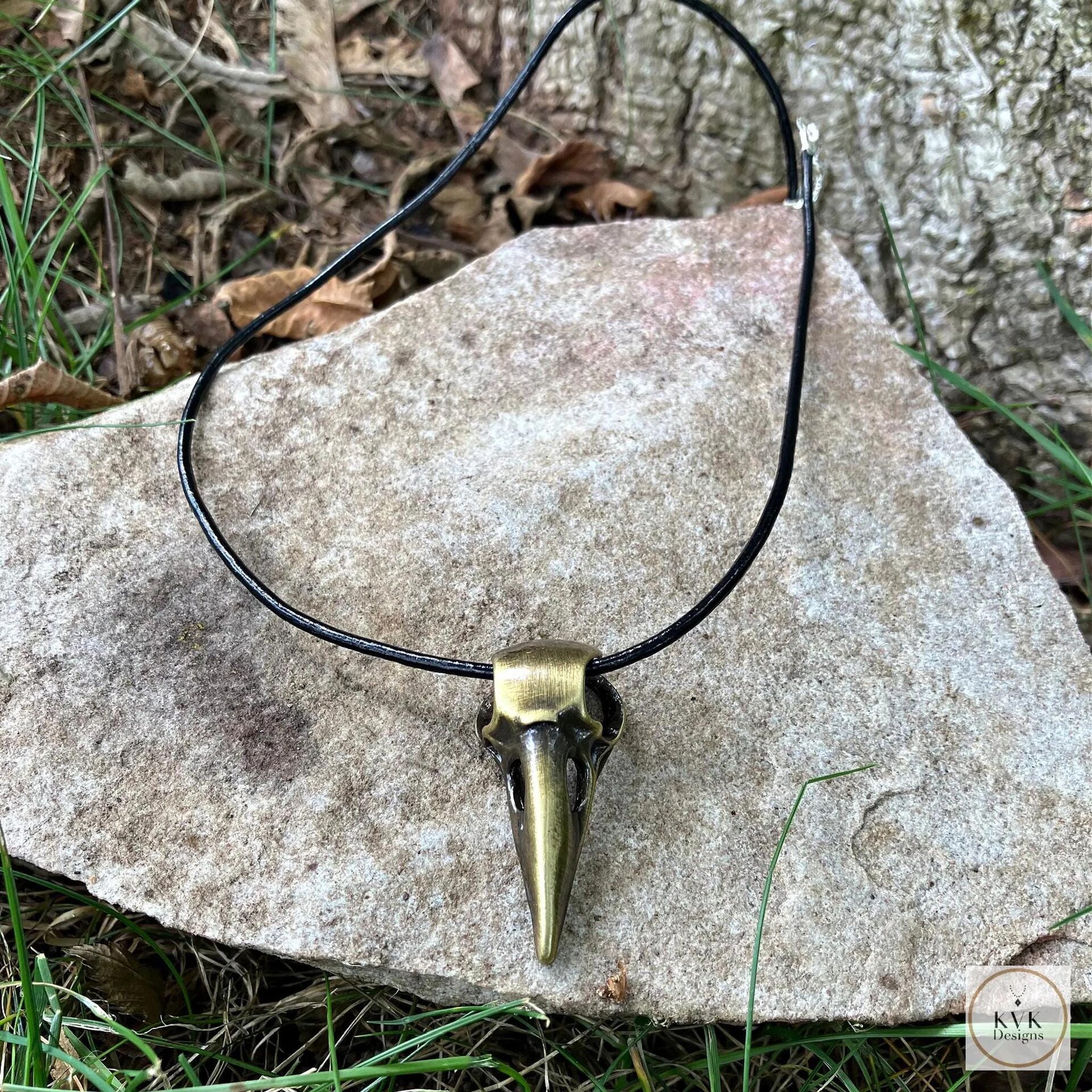 Gothic Crow Skull Necklace, Brass Raven Bird Pendant, Witchy Jewelry