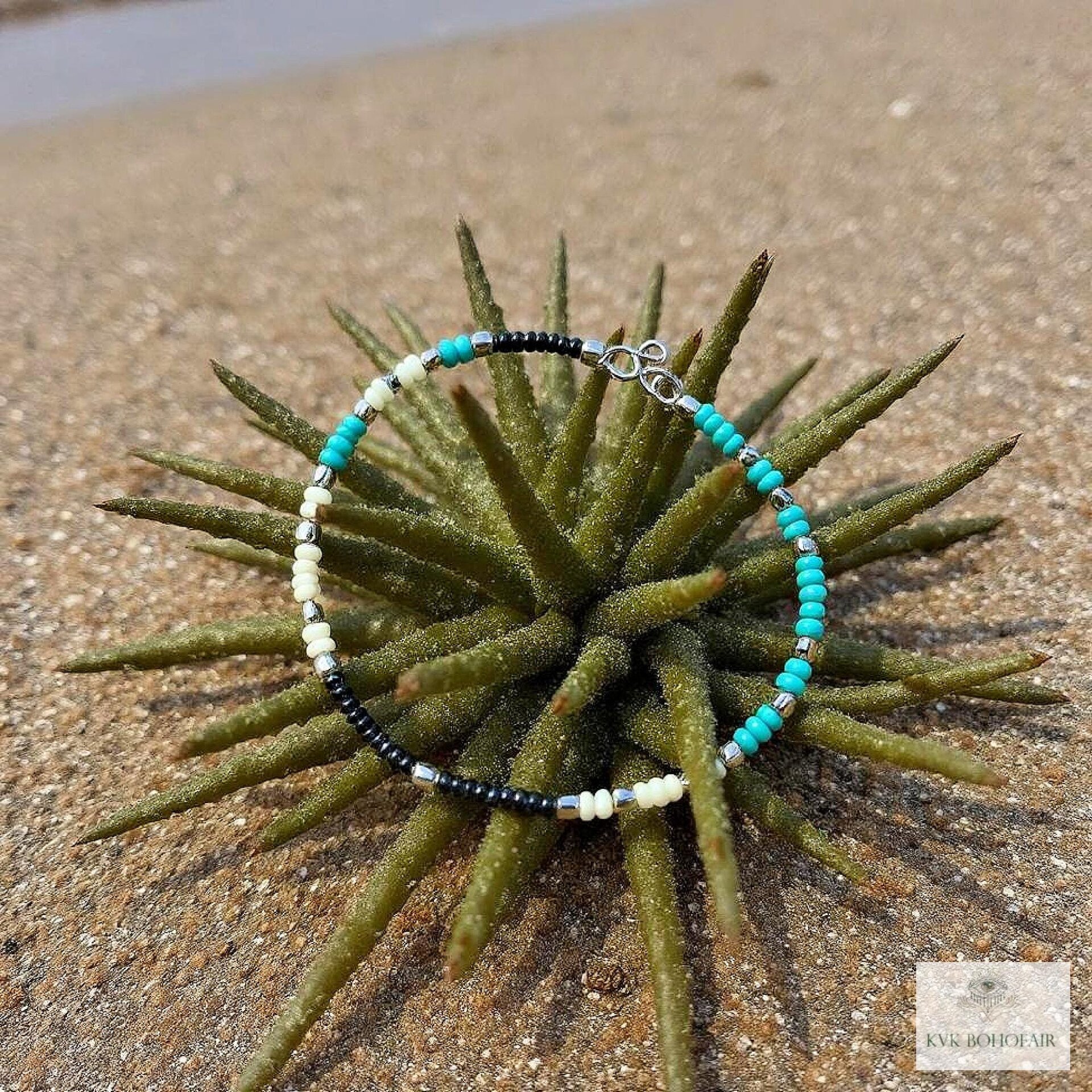 Handcrafted Boho Anklet with Turquoise & Silver Beads - Unique Bohemian Jewelry