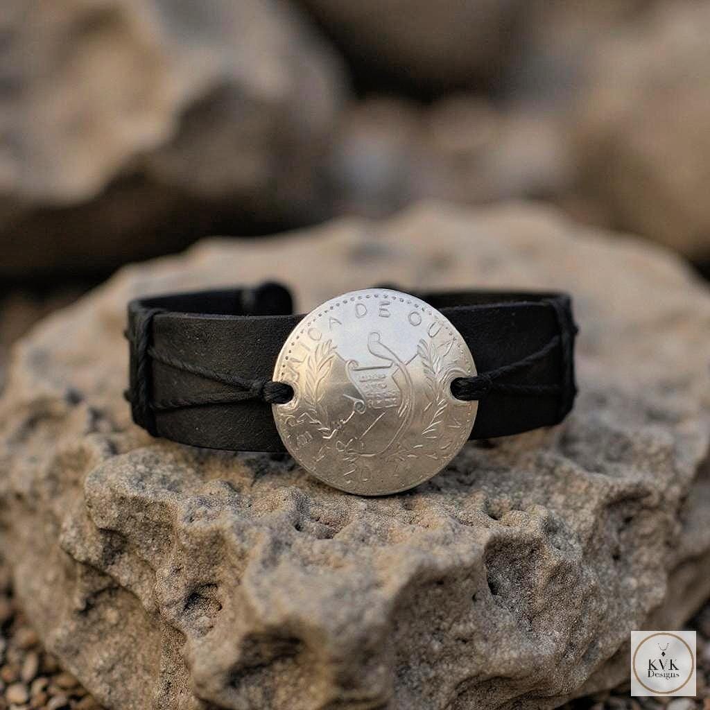 Handcrafted Coin Bracelet from Guatemala - Adjustable Black Leather Cuff