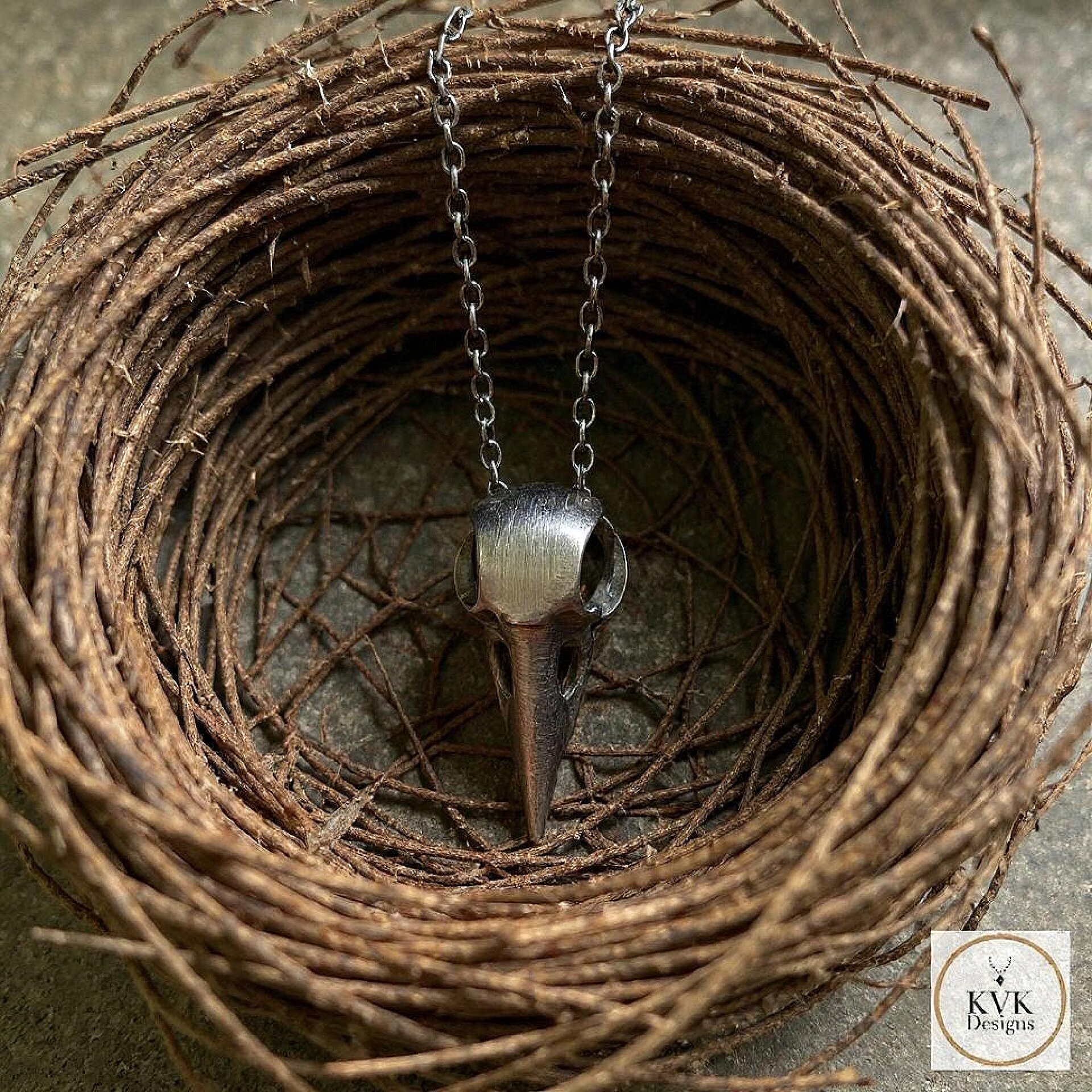 Gothic Silver Crow Skull Necklace, Antique Raven Head Pendant