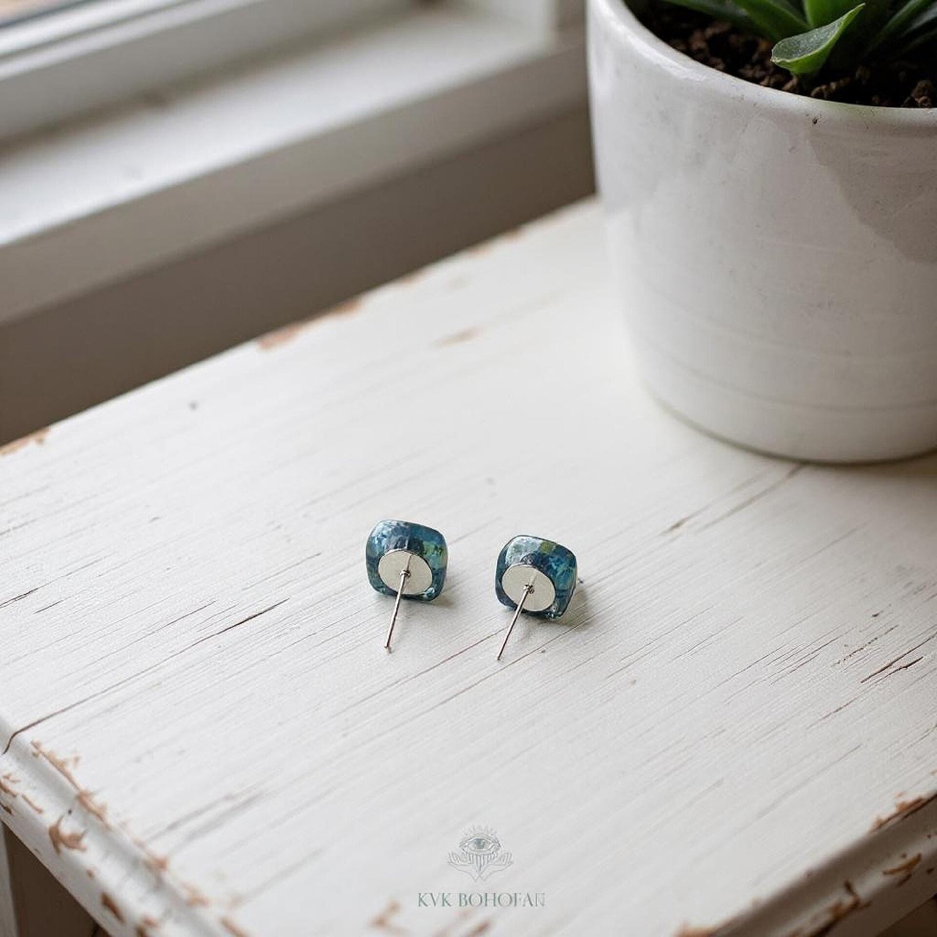Fused Blue Dichroic Glass Stud Earrings, Square Ocean Post Jewelry, Stainless Steel Minimalist Posts