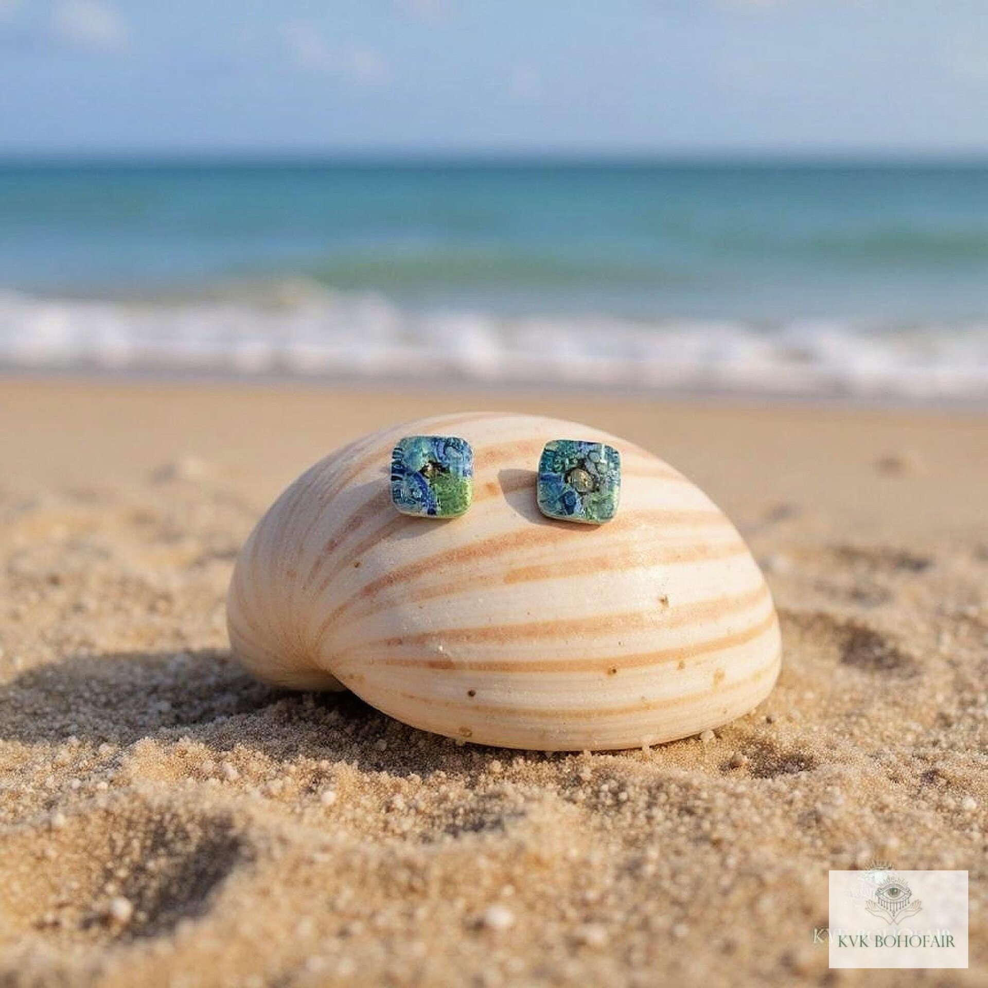 Fused Blue Dichroic Glass Stud Earrings, Square Ocean Post Jewelry, Stainless Steel Minimalist Posts