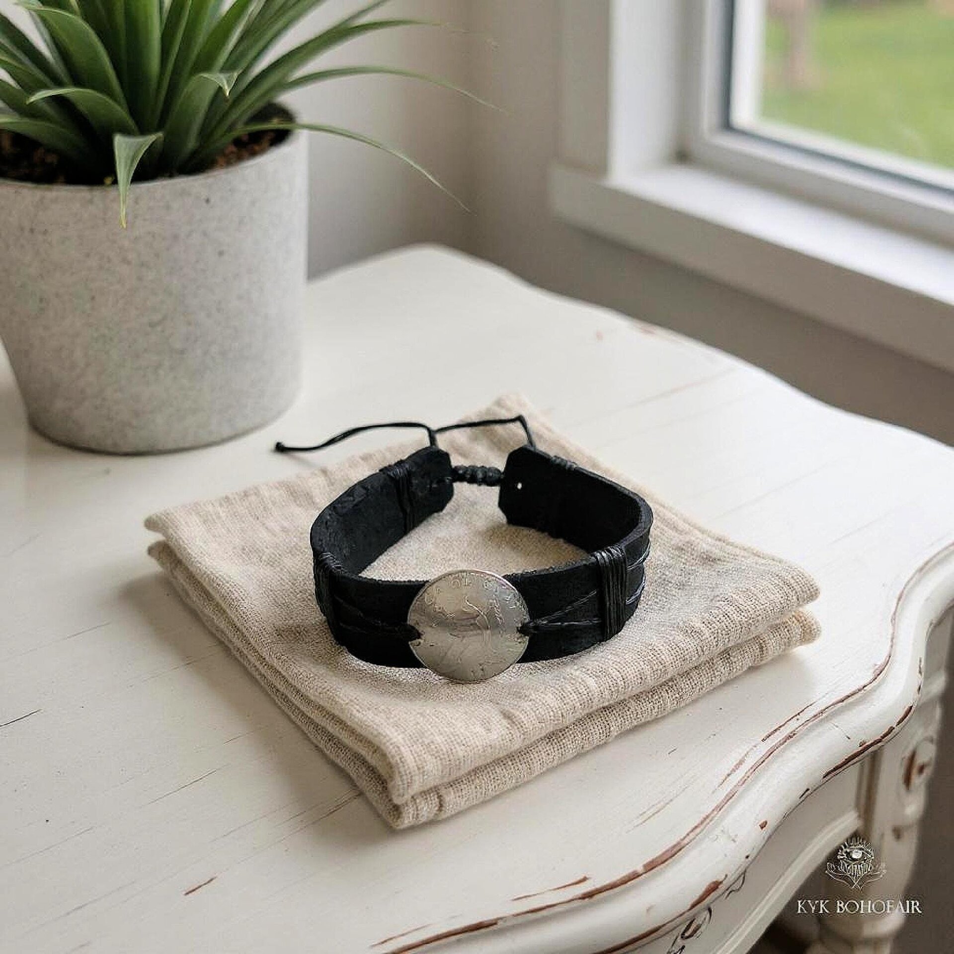 Handcrafted Coin Bracelet from Guatemala - Adjustable Black Leather Cuff