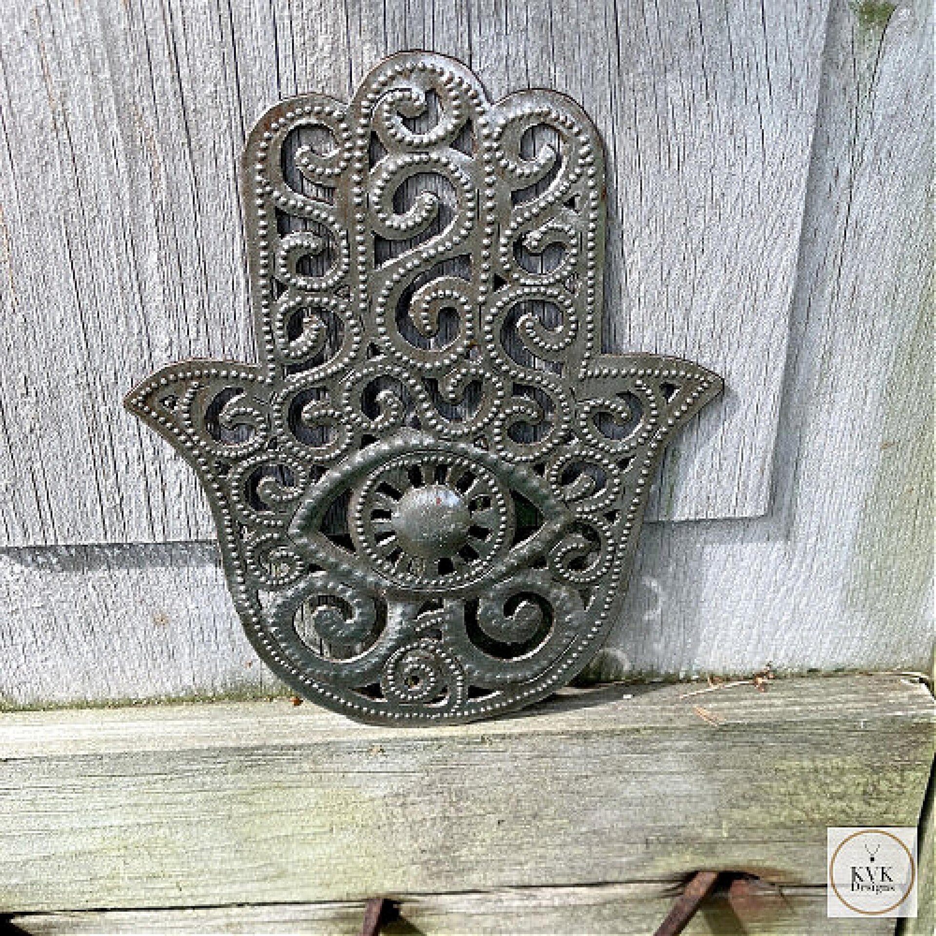 Unique Handcrafted Hamsa Hand Metal Art - Upcycled Steel Boho Wall Decor