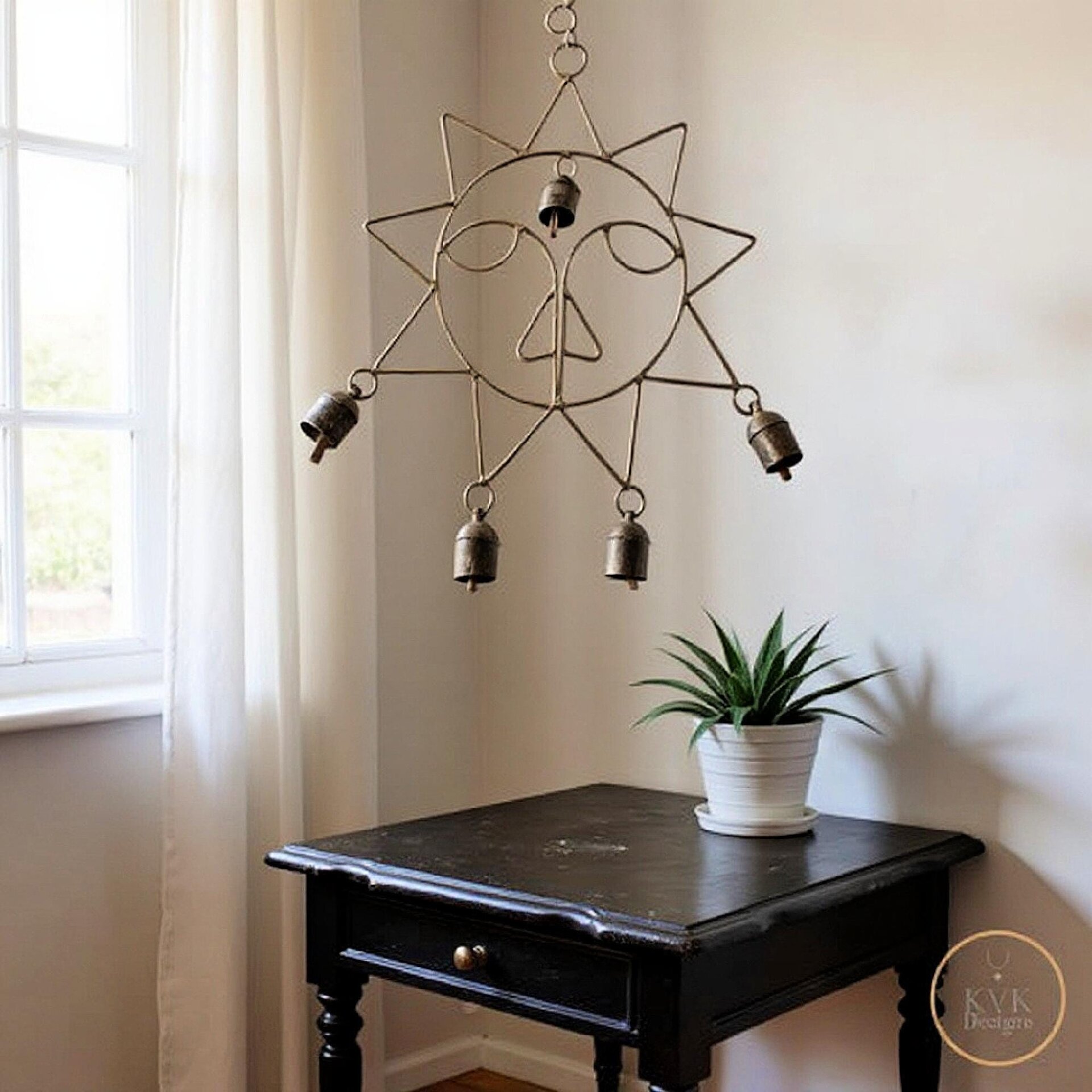 Handmade Sun Windchime - Artisan Metal Garden Decor Brass Bells