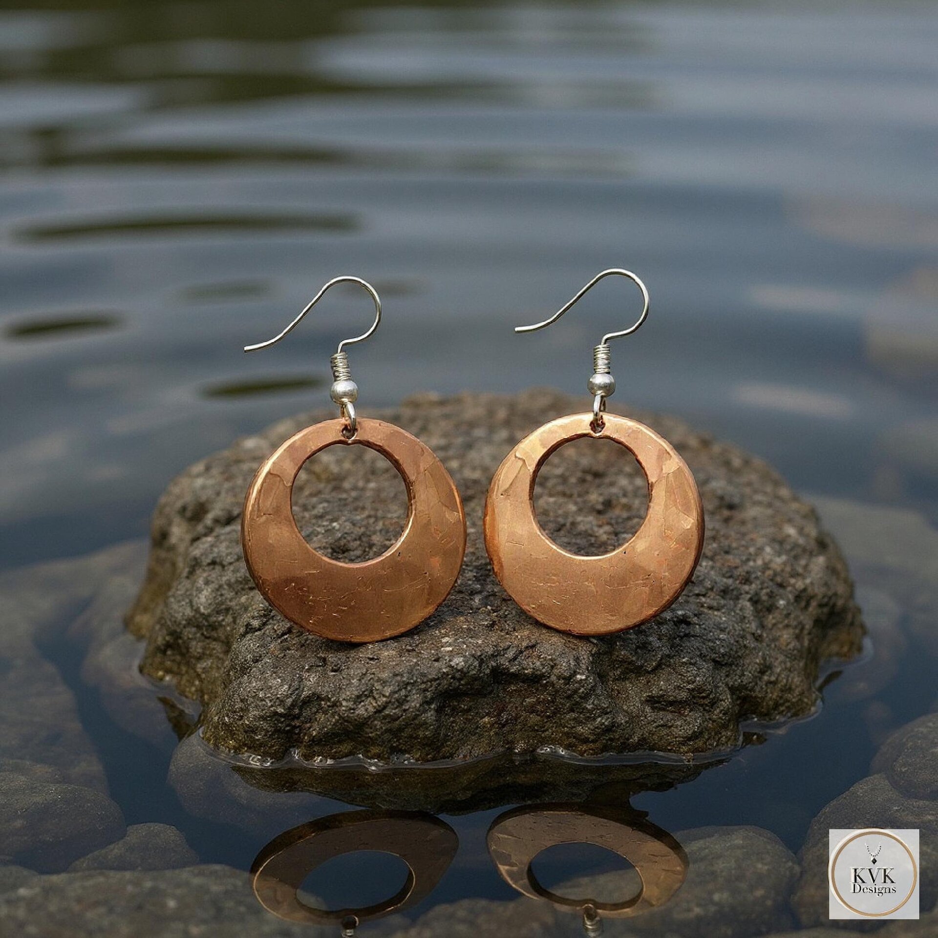 Round Copper Hoop Earrings - Boho Earrings, Handcrafted Hammered Dangles