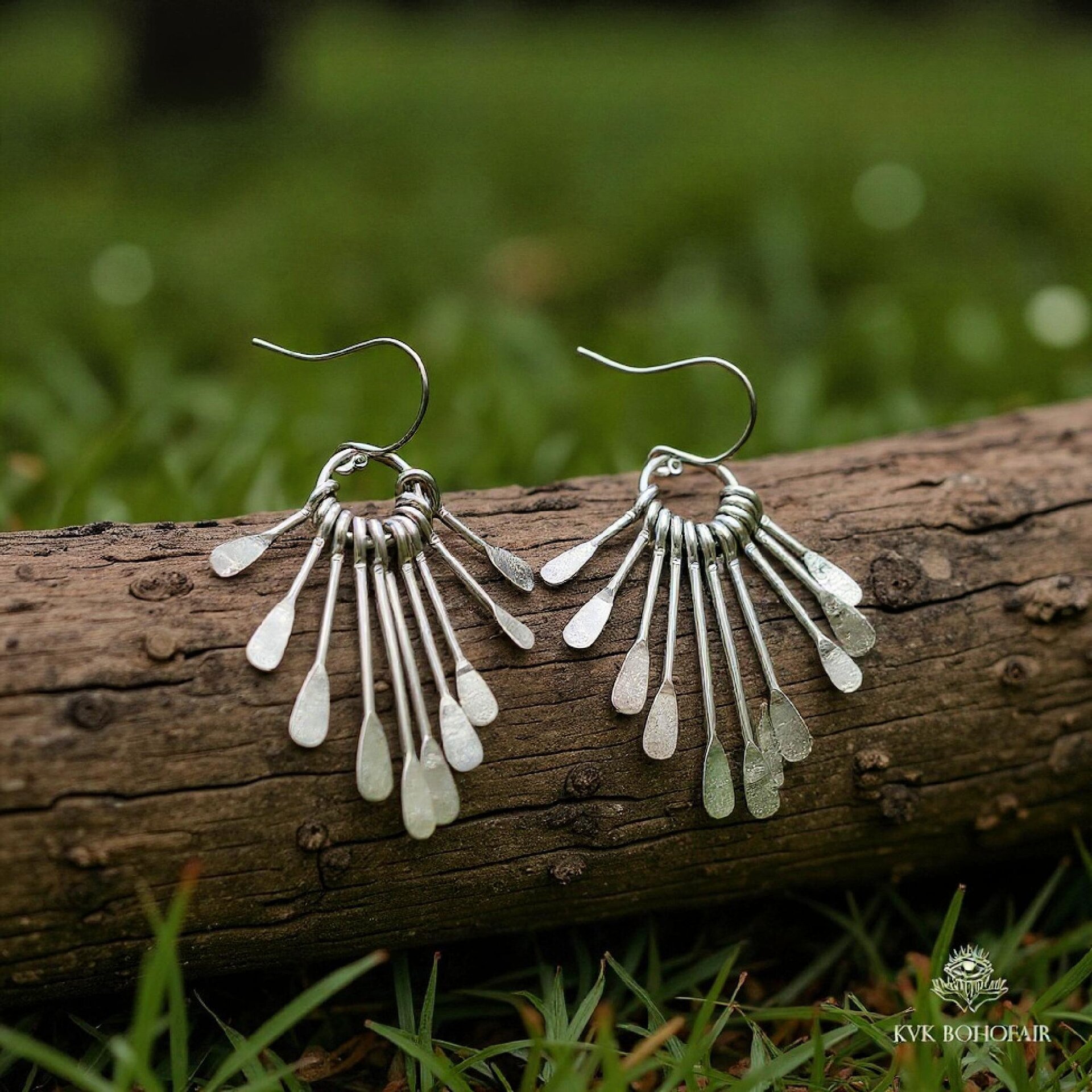 Boho Silver Plated Fringe Paddle Earrings, Sterling Silver Wires, Artisan Chandelier Dangles