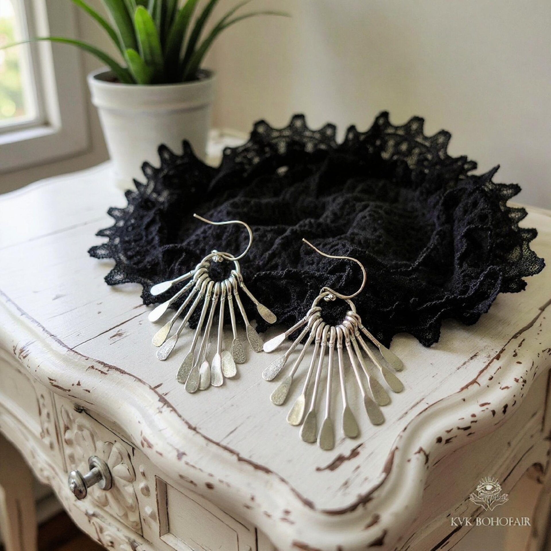 Boho Silver Plated Fringe Paddle Earrings, Sterling Silver Wires, Artisan Chandelier Dangles