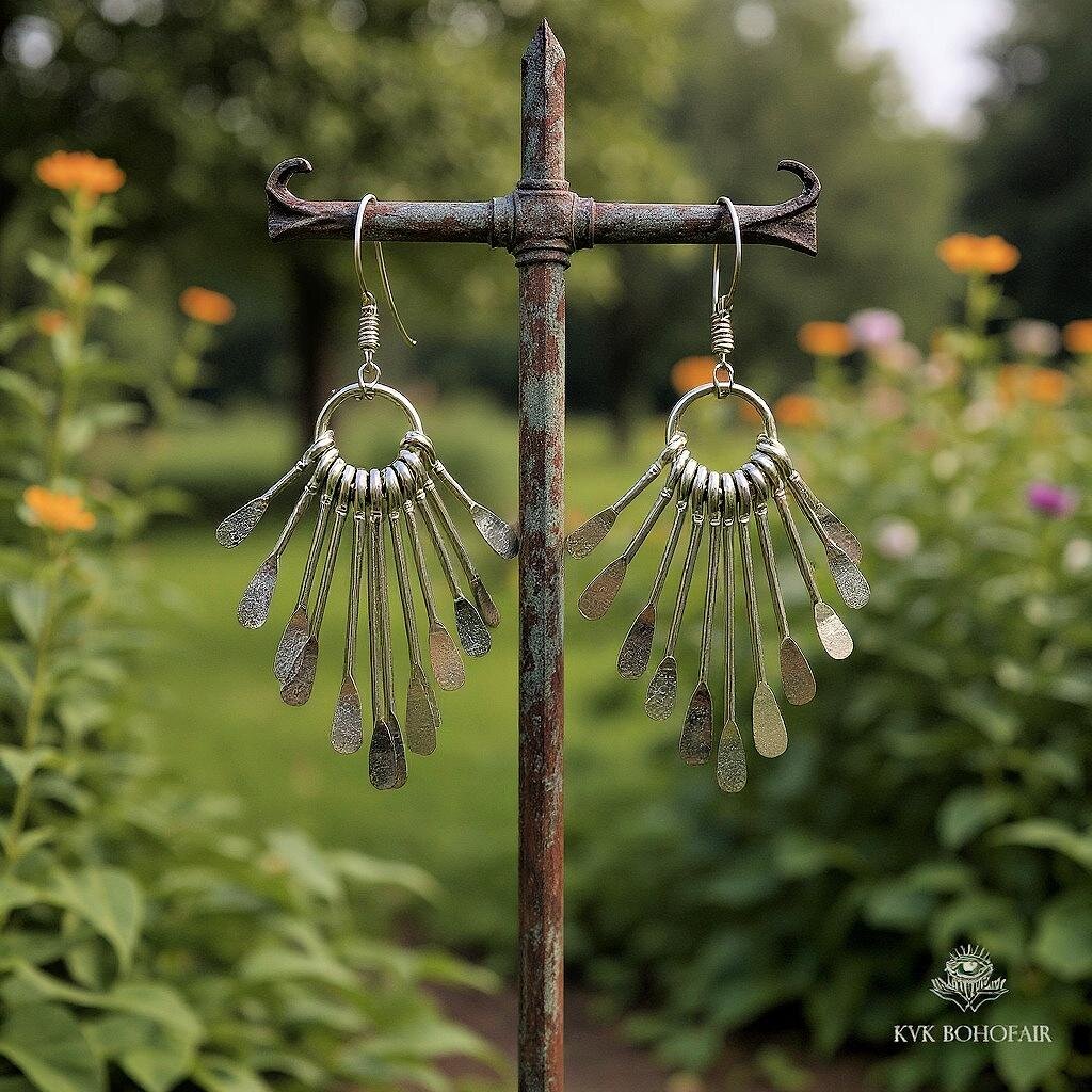 Boho Silver Plated Fringe Paddle Earrings, Sterling Silver Wires, Artisan Chandelier Dangles