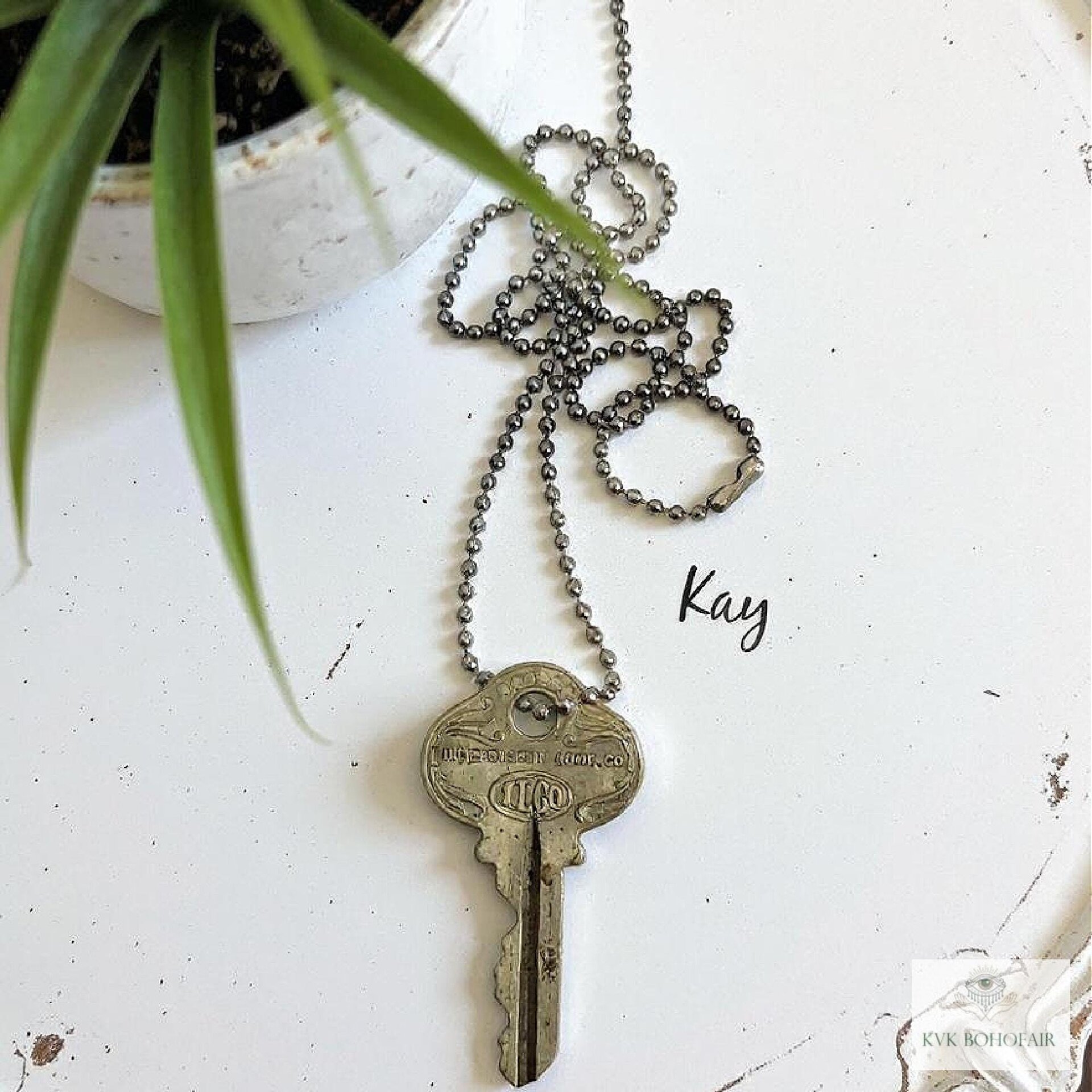 Antique Brass Key Necklace, 1920s Repurposed Pendant, Gunmetal Ball Jewelry