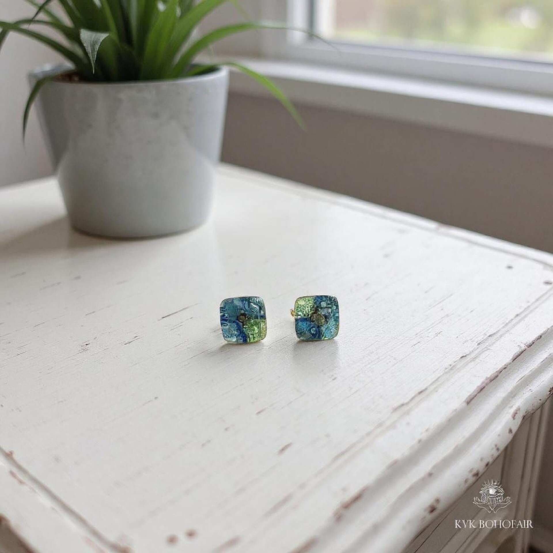 Fused Blue Dichroic Glass Stud Earrings, Square Ocean Post Jewelry, Stainless Steel Minimalist Posts