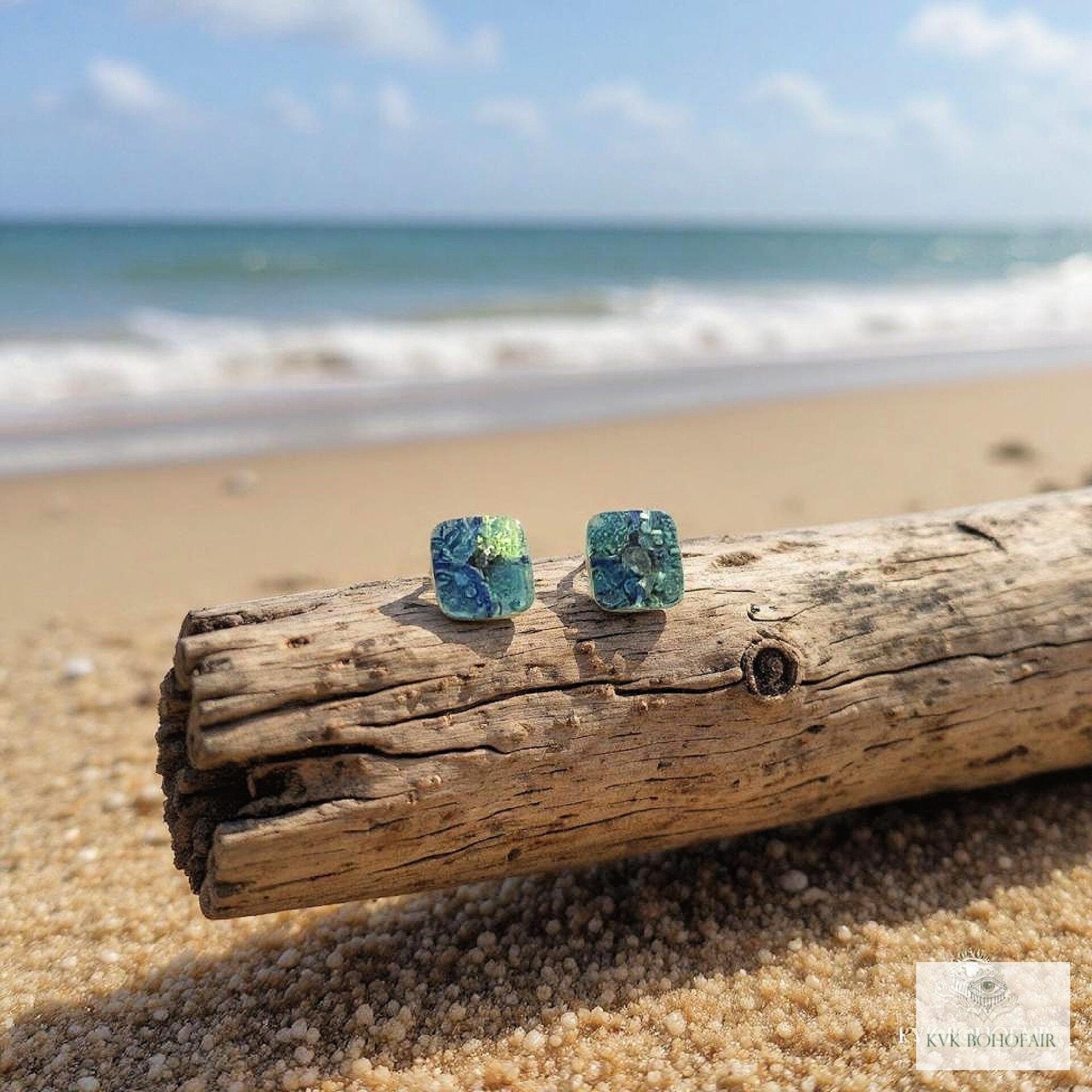 Fused Blue Dichroic Glass Stud Earrings, Square Ocean Post Jewelry, Stainless Steel Minimalist Posts