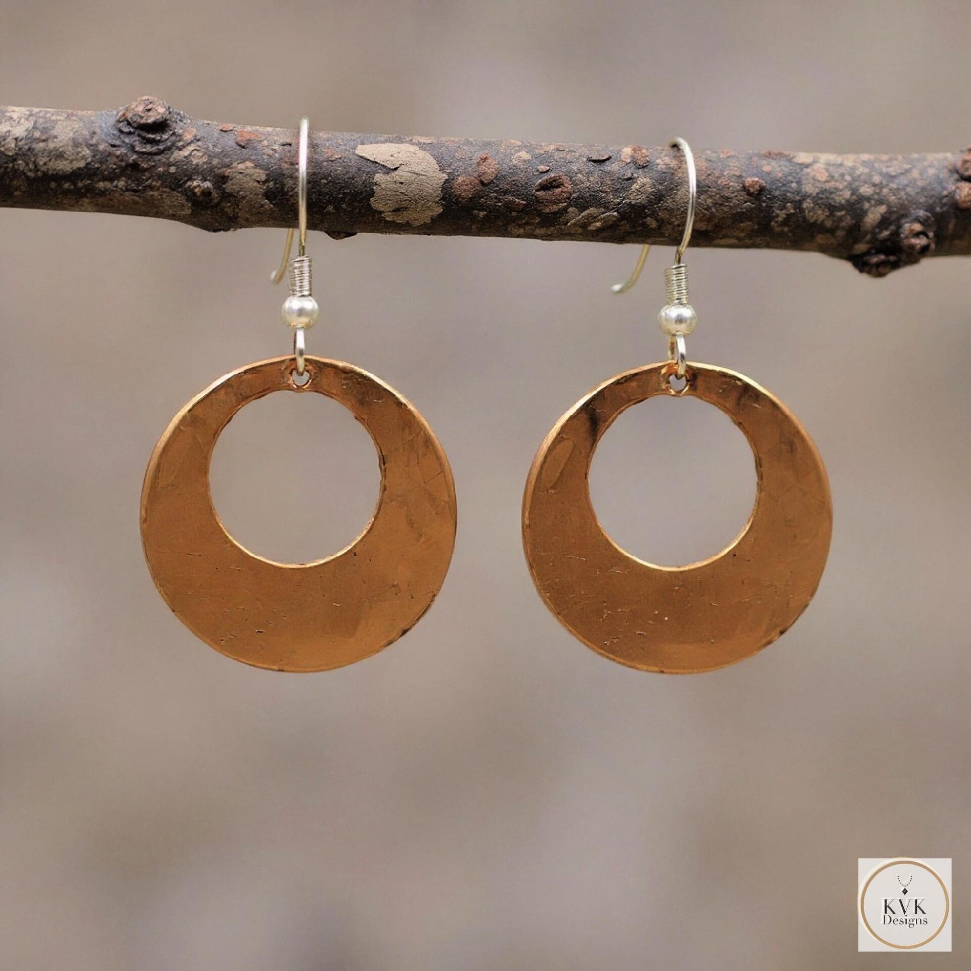 Round Copper Hoop Earrings - Boho Earrings, Handcrafted Hammered Dangles