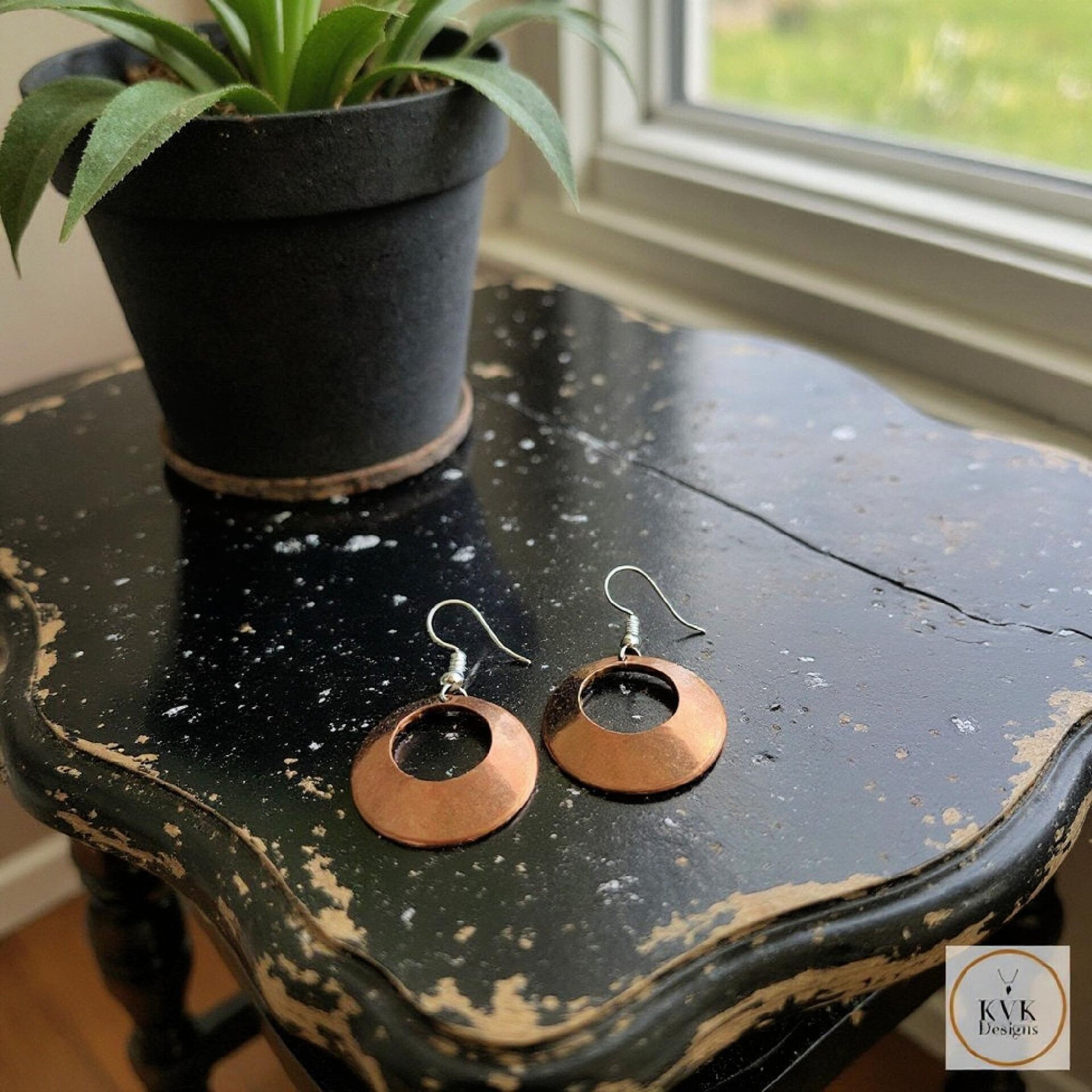 Round Copper Hoop Earrings - Boho Earrings, Handcrafted Hammered Dangles