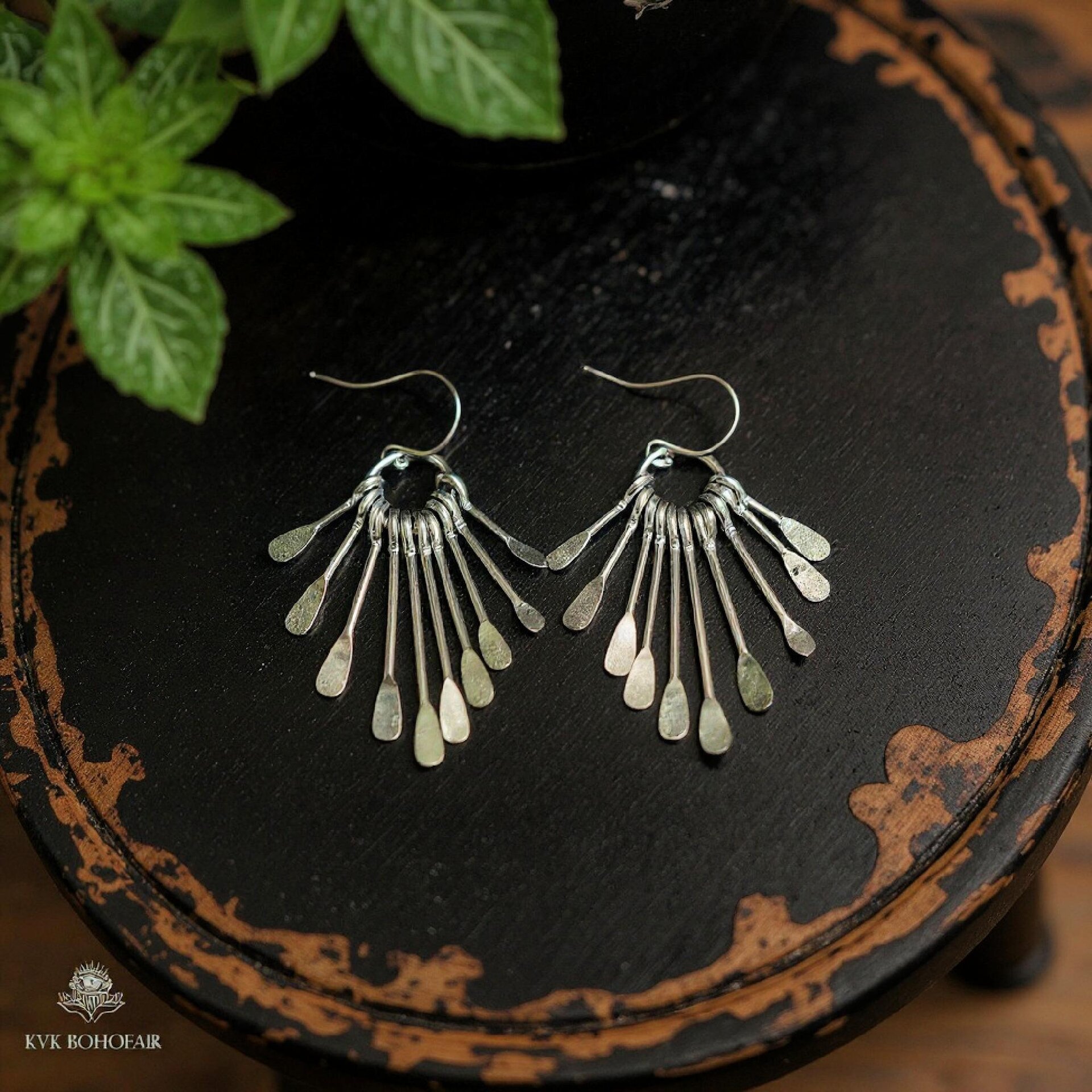 Boho Silver Plated Fringe Paddle Earrings, Sterling Silver Wires, Artisan Chandelier Dangles