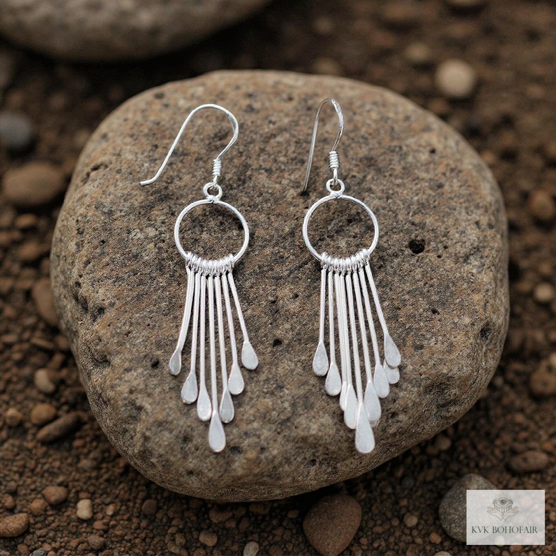 Sterling Silver Fringe Paddle Earrings, Handcrafted Boho Dangles, Unique Metallic Statement Drops