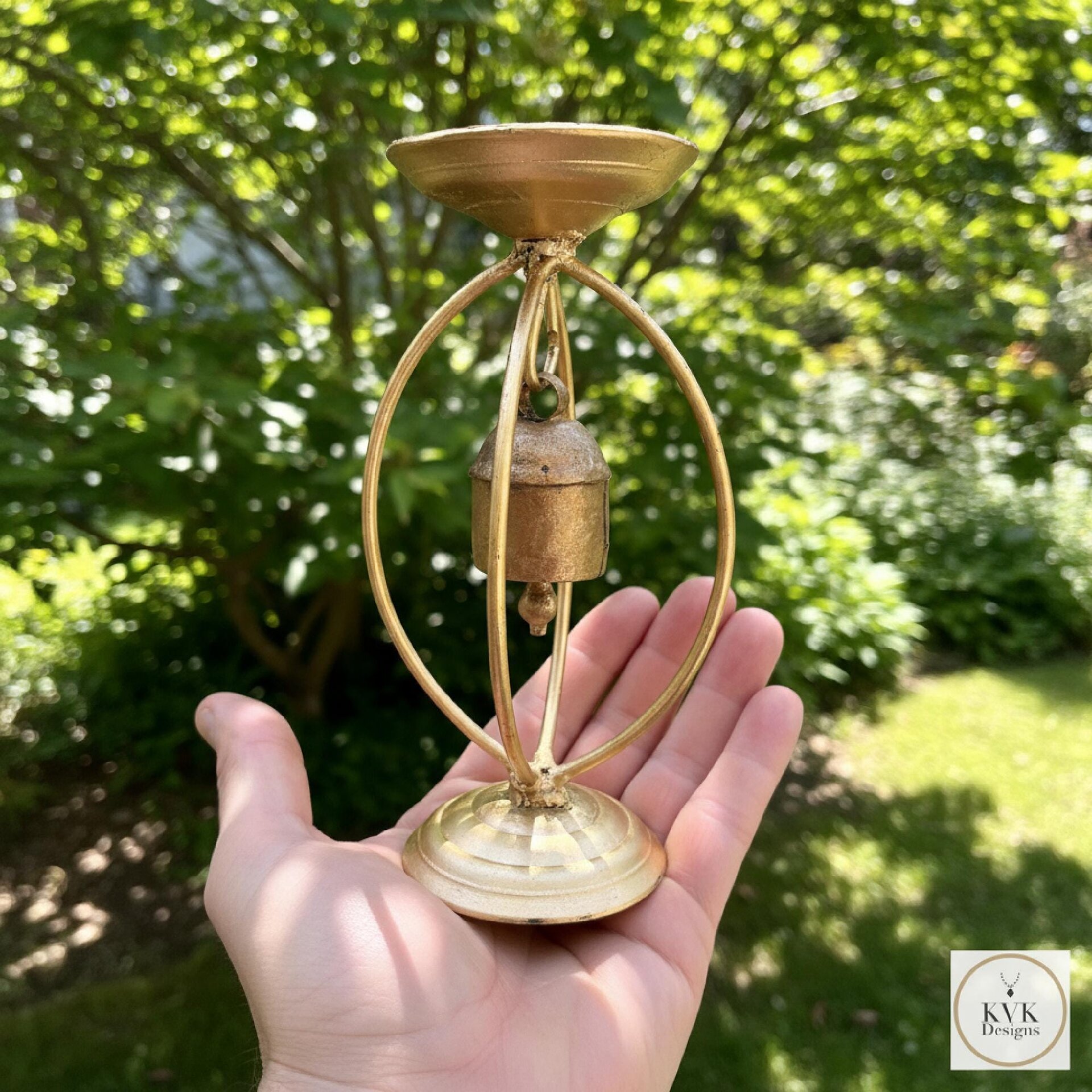 Zen Bell Votive Candle Holder - Artisan Metal Chime Altar Display Stand, 6.5 Inch