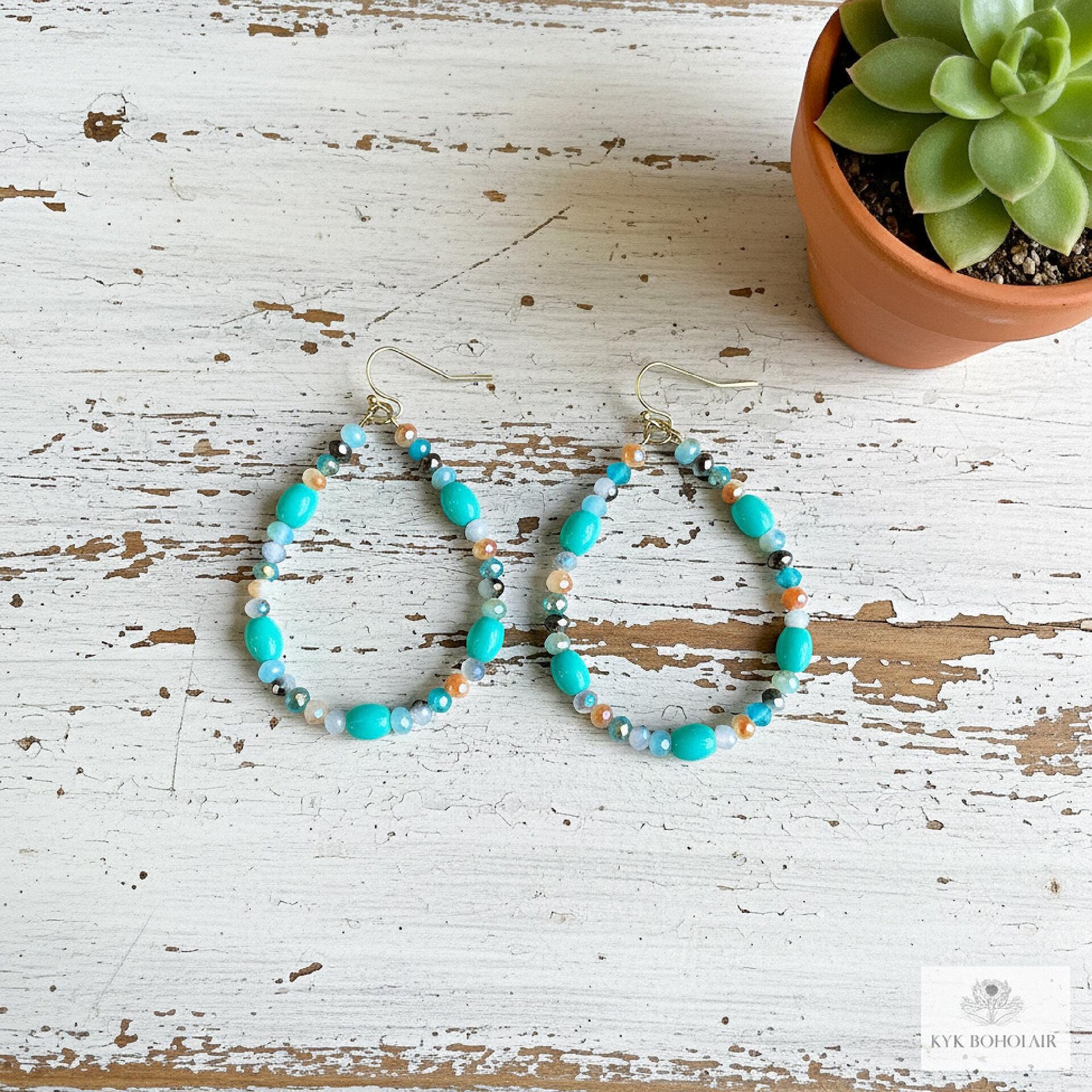 Boho Teardrop Earrings with Turquoise Beads - Antique Gold Dangle Jewelry