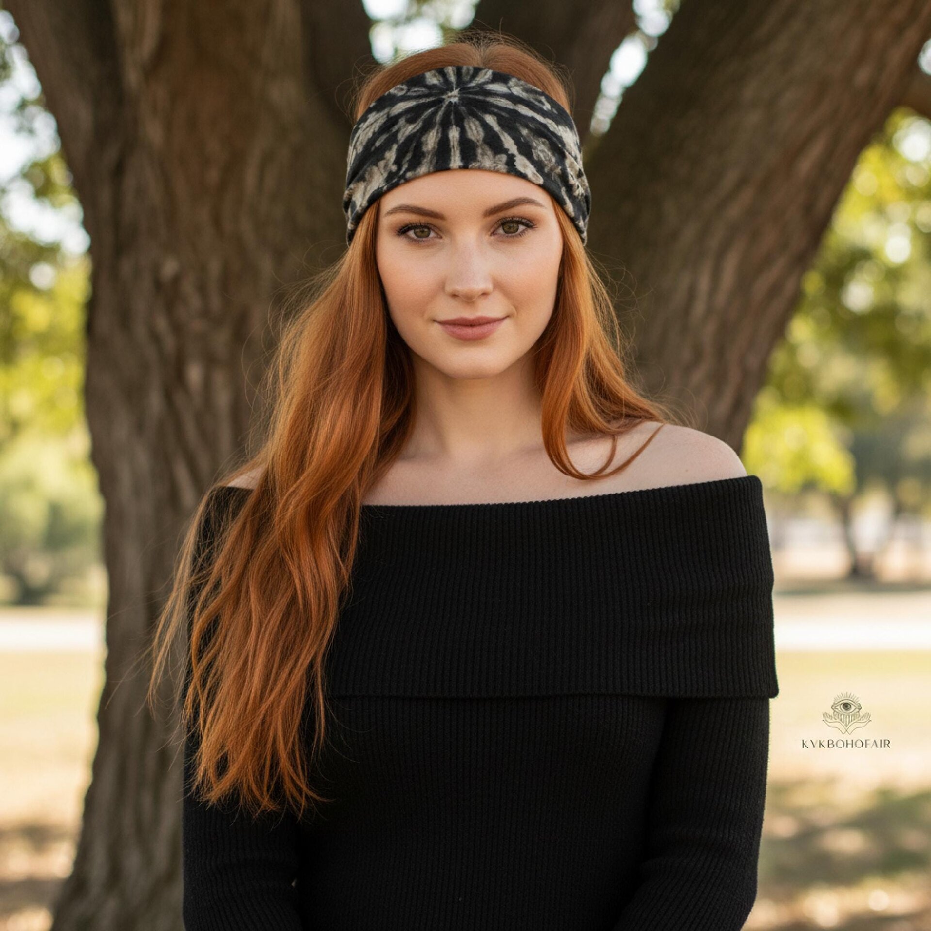 Black & Tan Tie Dye Boho Headband - Stylish Bohemian Headwrap, Headbands for Women