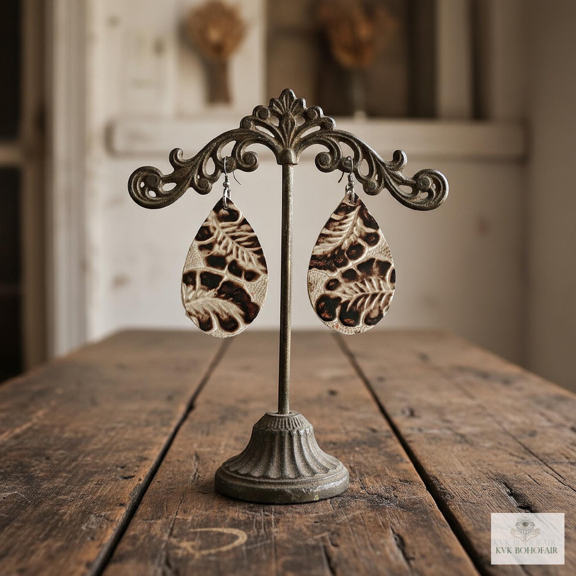 Brown Floral Leather Teardrop Earrings - Hand Tooled Cream Leaf Dangles
