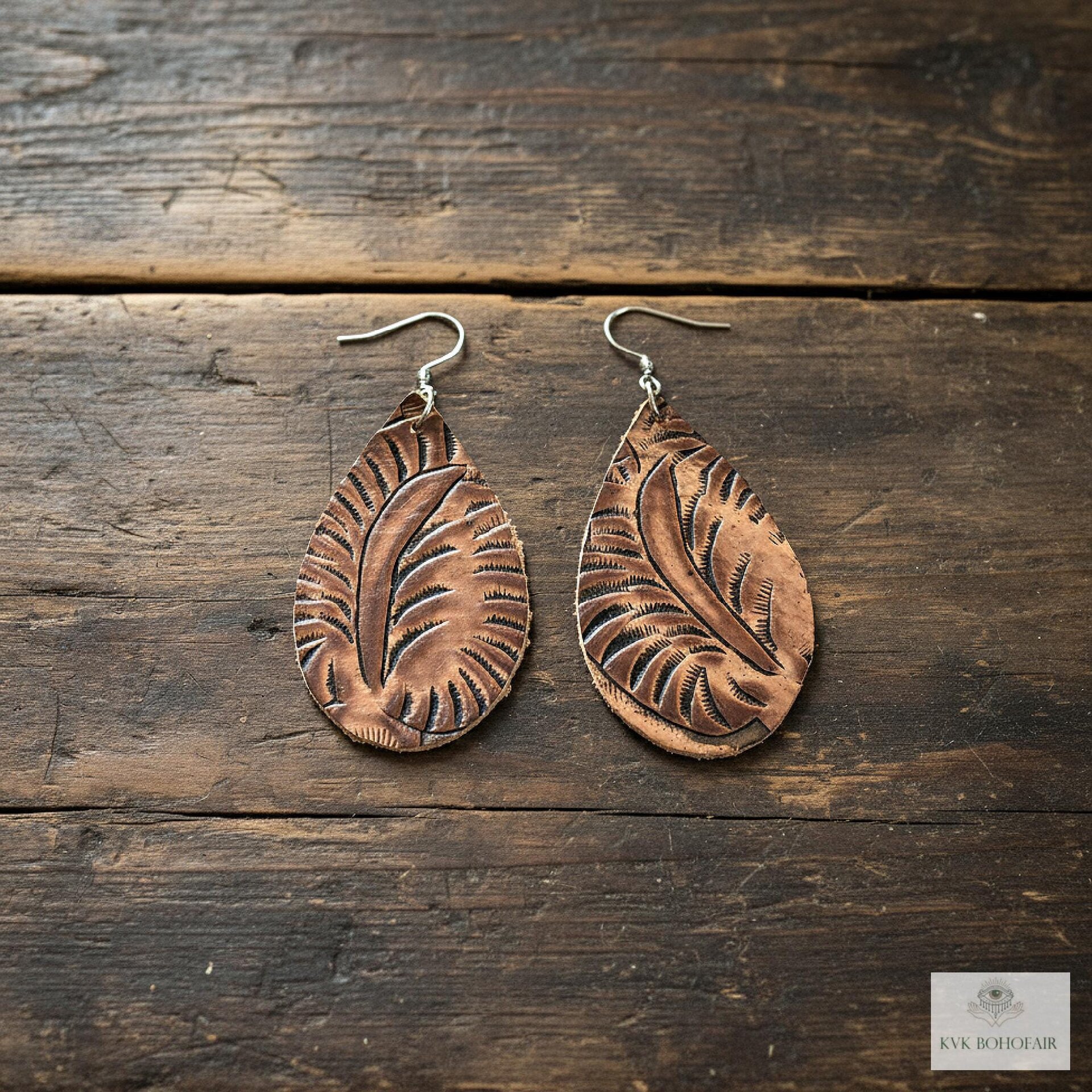 Hand Tooled Brown Leather Teardrop Earrings, Floral Embossed Genuine Leather Western Dangles