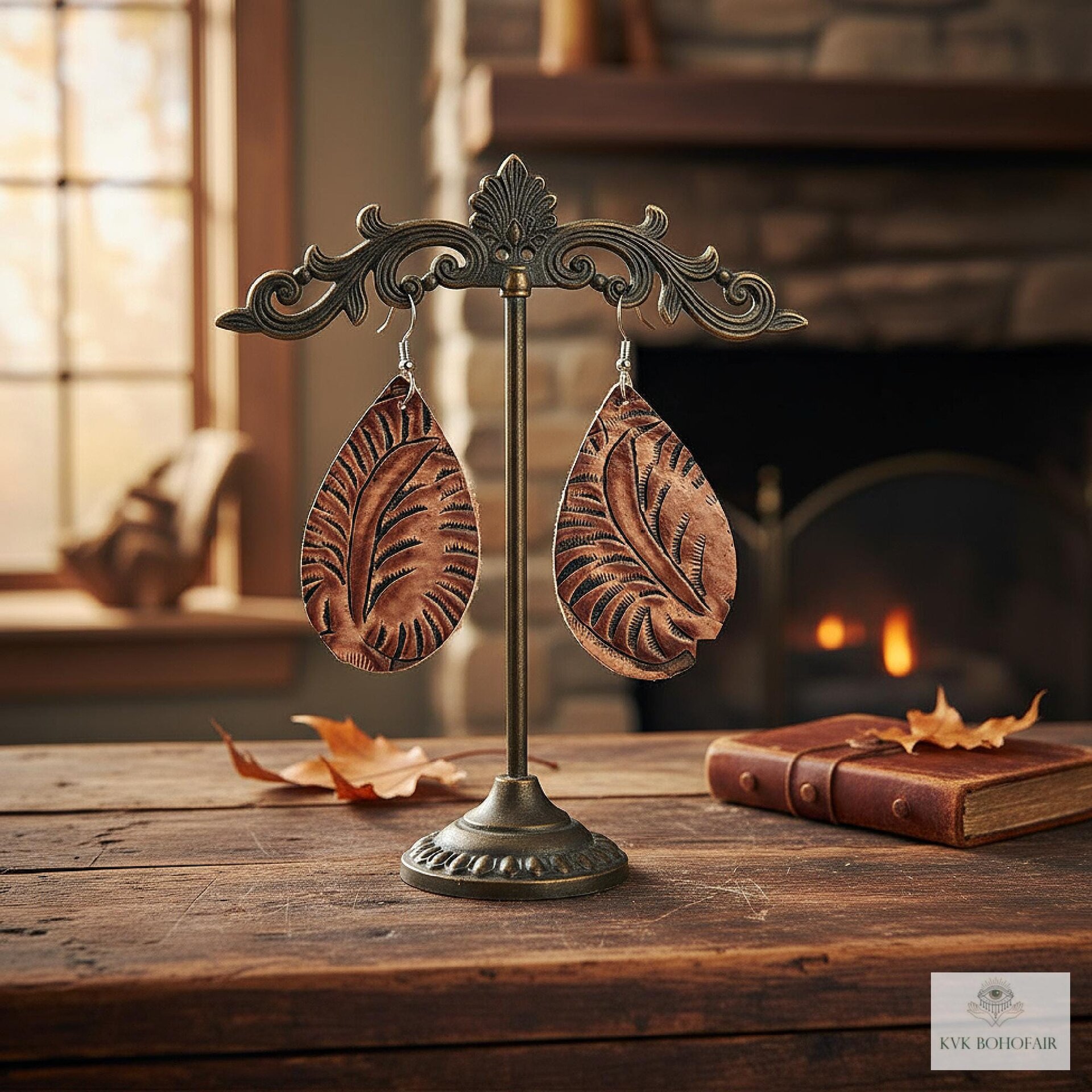 Hand Tooled Brown Leather Teardrop Earrings, Floral Embossed Genuine Leather Western Dangles