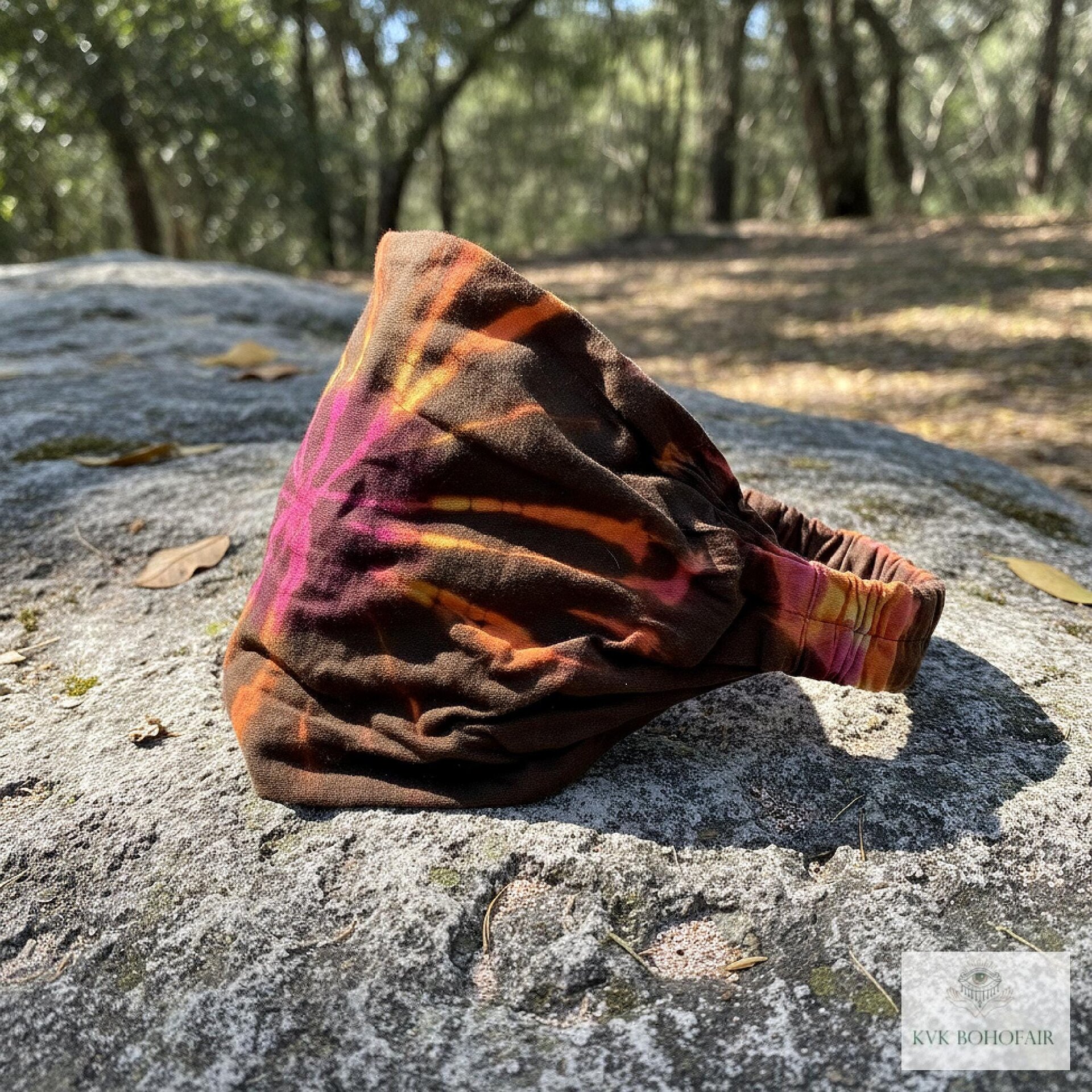 Brown Tie Dye Cotton Headband, Wide Boho Yoga Headwrap for Women, Bohemian Workout Hairband