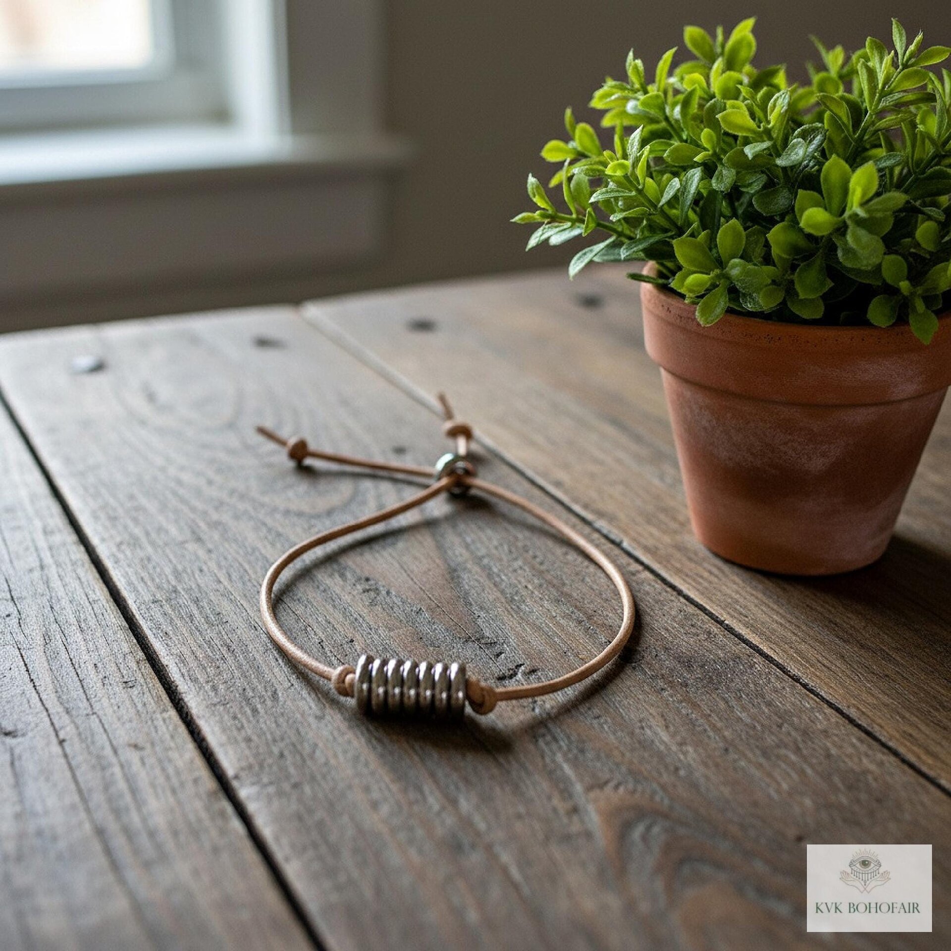 Boho Leather & Silver Bead Bracelet - Adjustable Minimalist Style