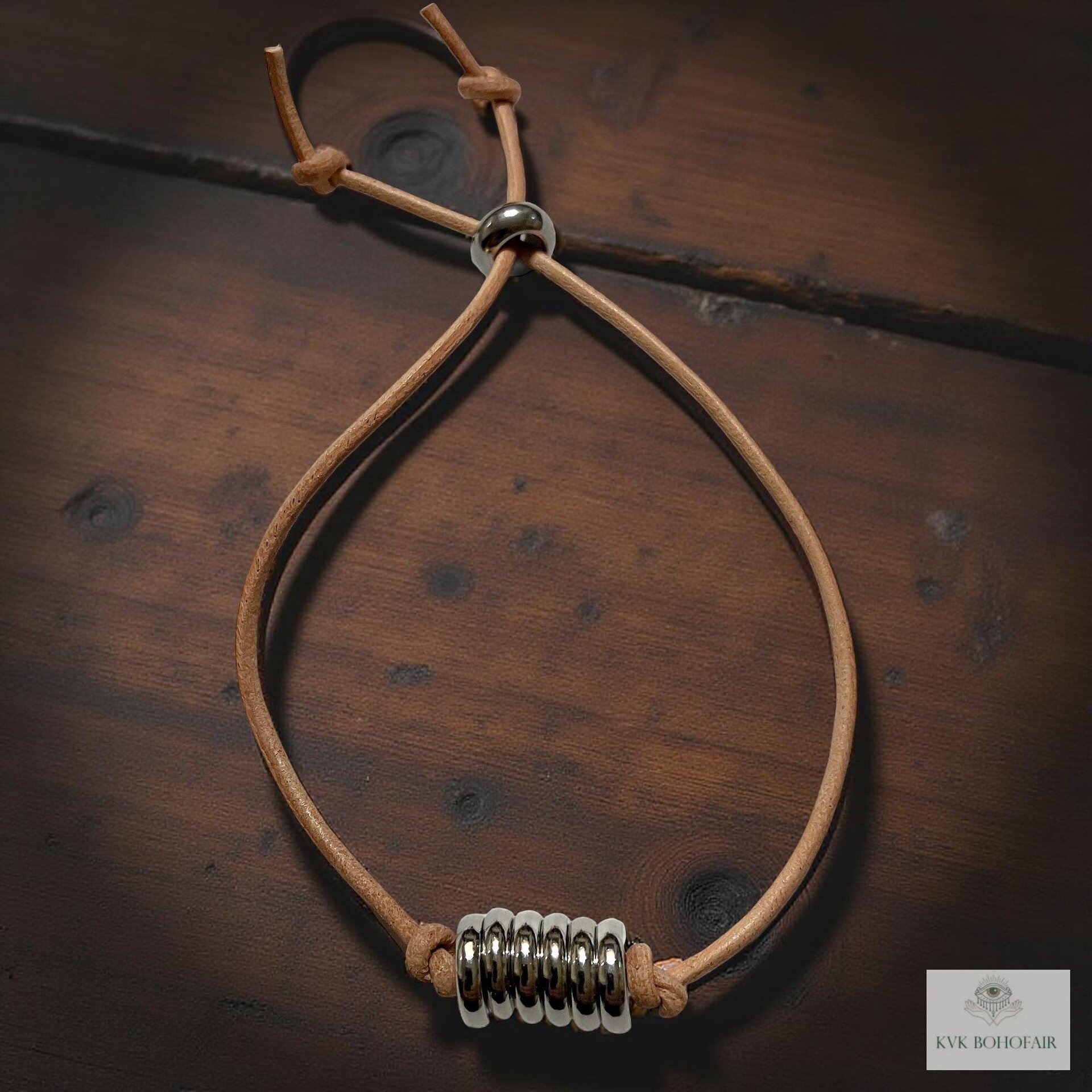 Boho Leather & Silver Bead Bracelet - Adjustable Minimalist Style