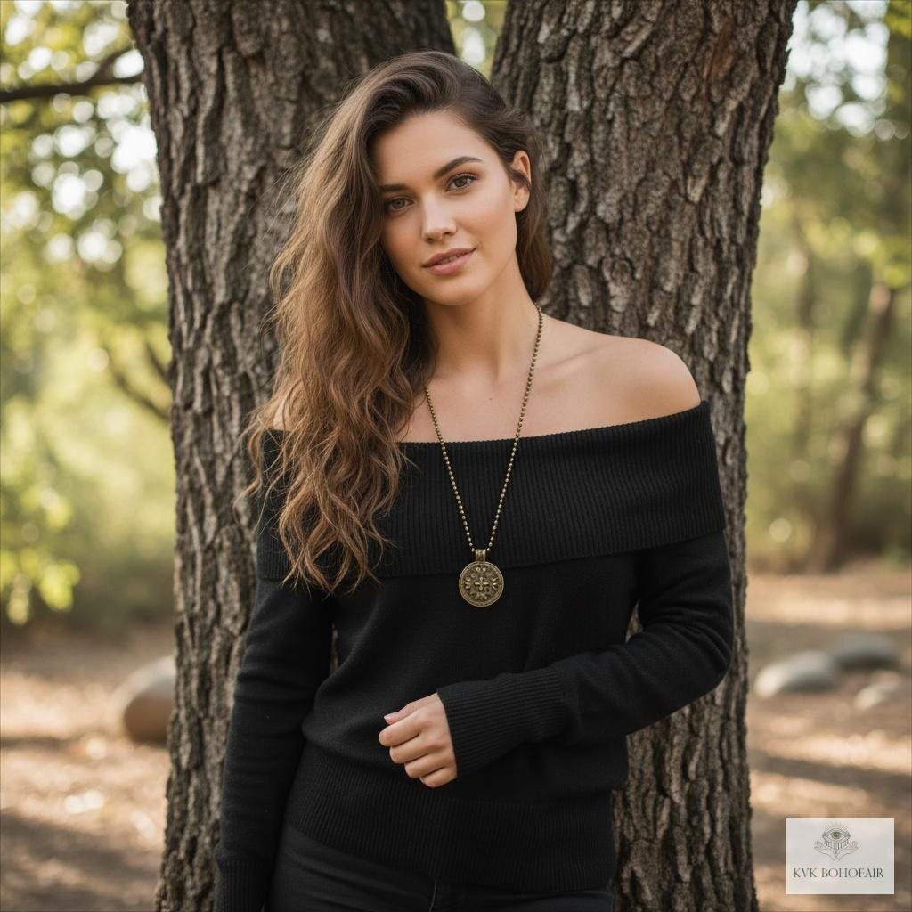 Bohemian Antique Bronze Tribal Pendant Necklace - 24 Inch Chain Boho Jewelry