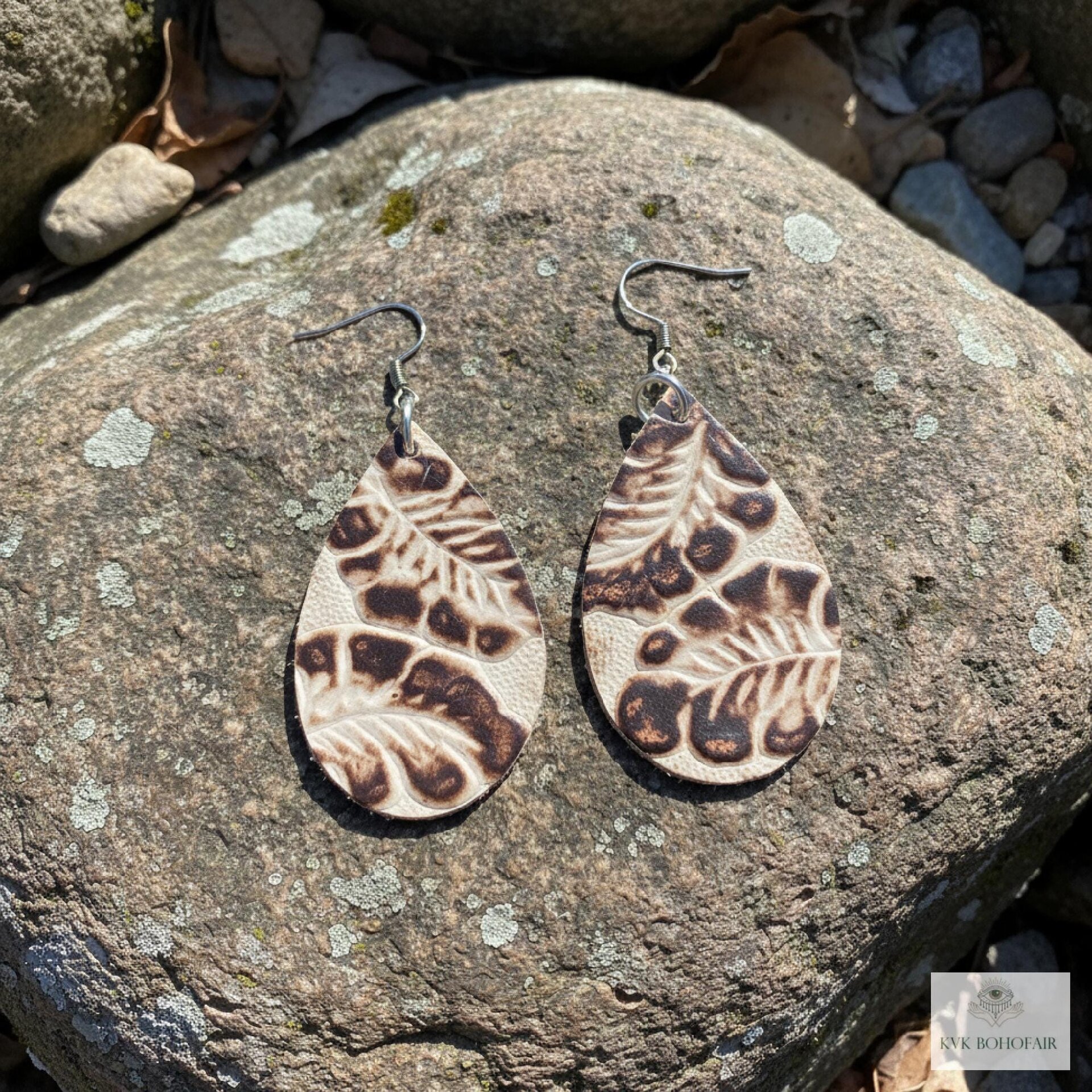 Brown Floral Leather Teardrop Earrings - Hand Tooled Cream Leaf Dangles