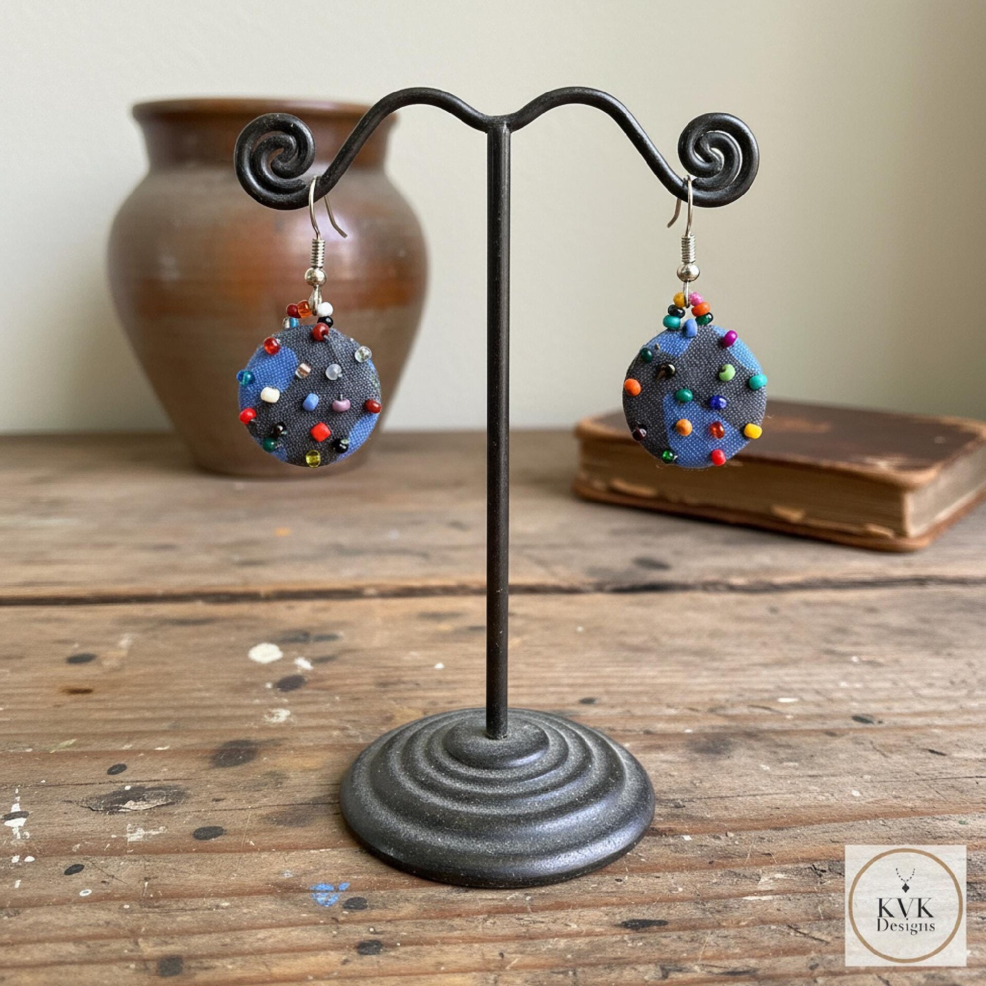 Handcrafted Boho Button Earrings - Dangle Earrings, Sustainable Upcycled Jewelry