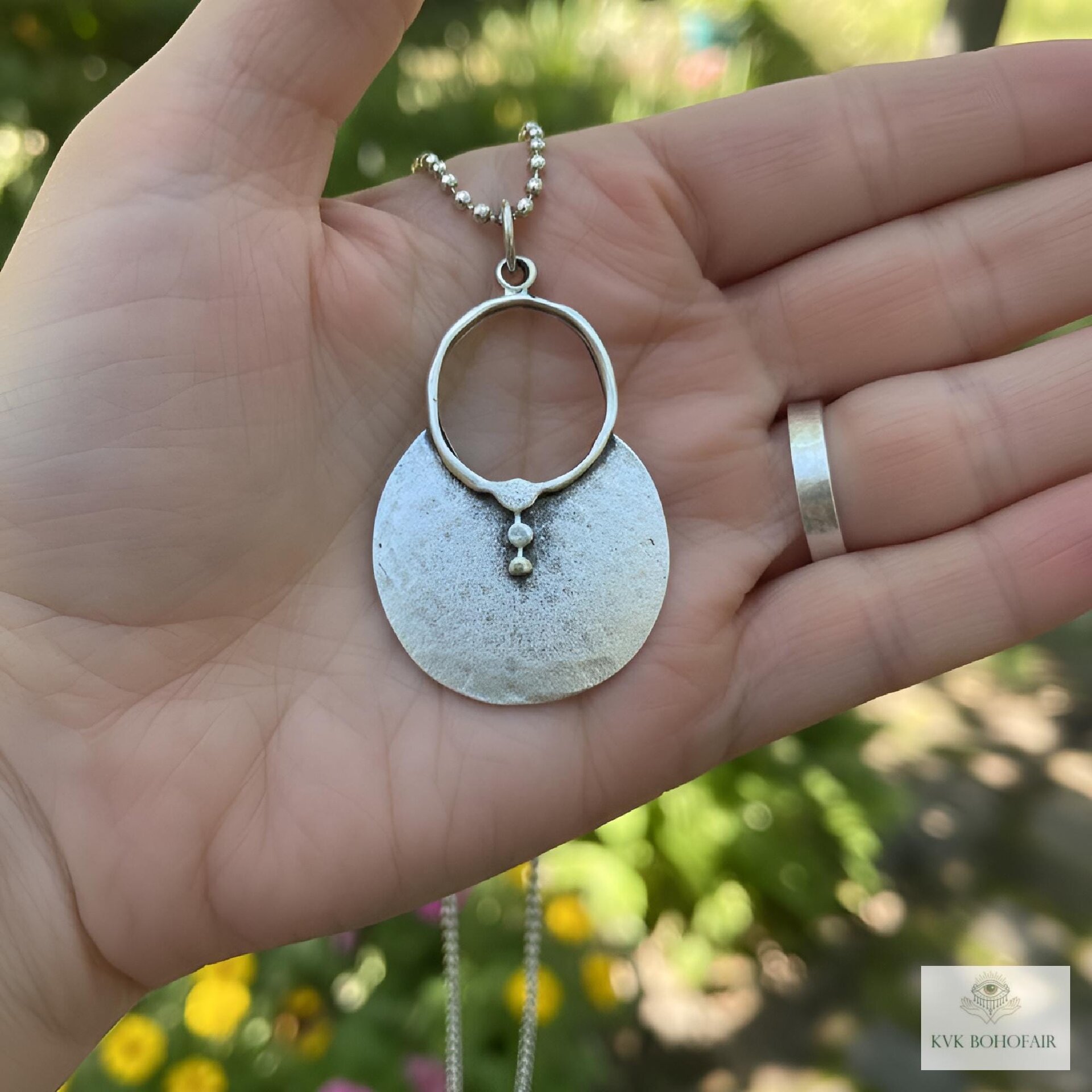 Boho Tribal Silver Circle Pendant Necklace - Unique Statement Accessory