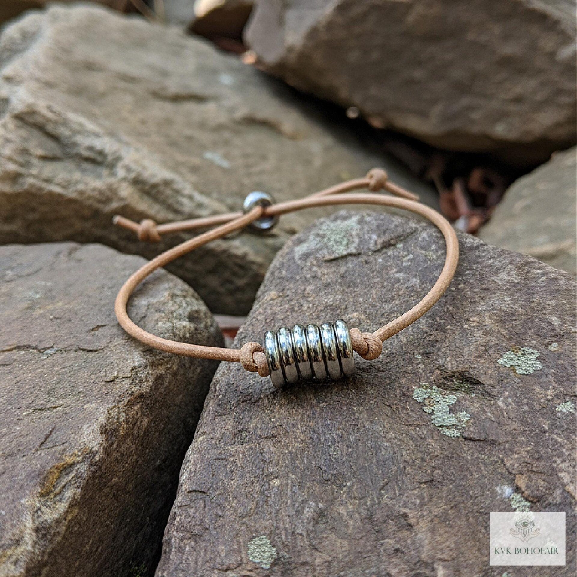 Boho Leather & Silver Bead Bracelet - Adjustable Minimalist Style