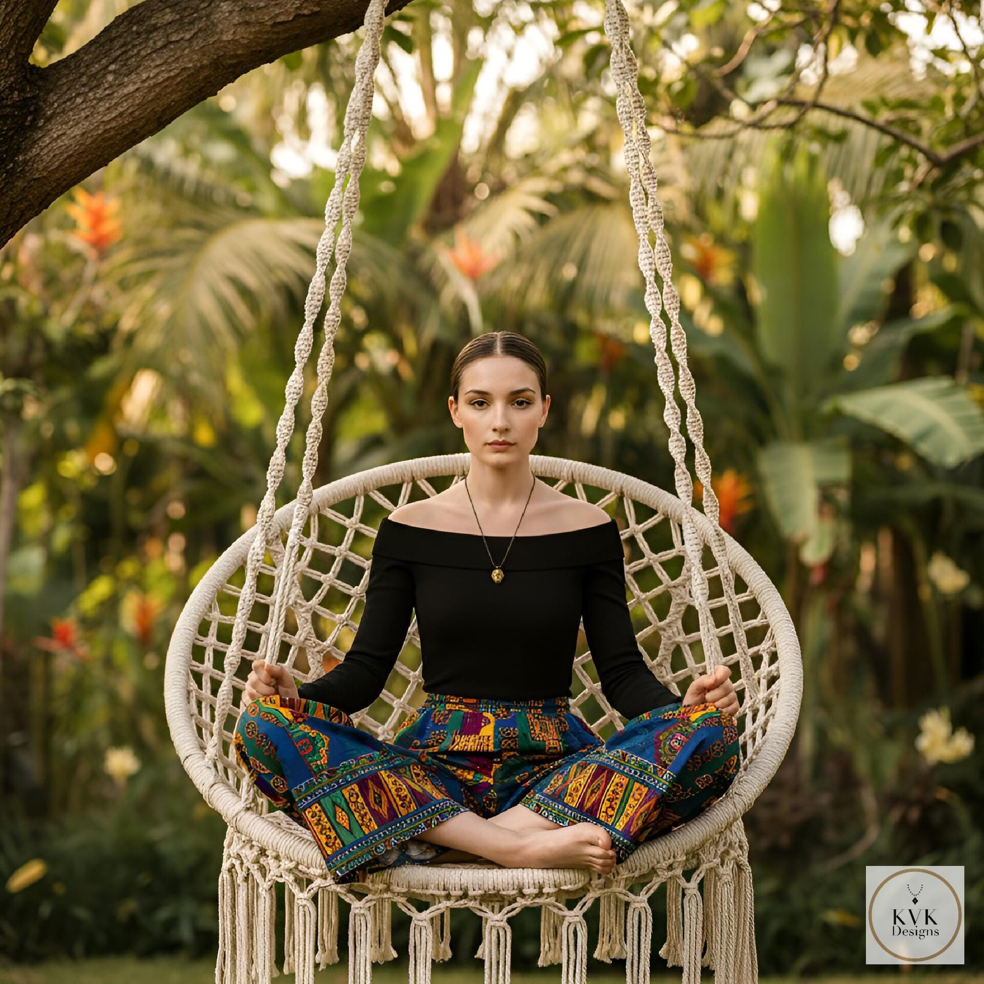 A woman sits cross-legged on a hanging macrame chair in a lush garden, wearing a black off-shoulder top and colorful patterned pants, and gold face pendant/necklace, looking calm and serene. The background is filled with green foliage.
