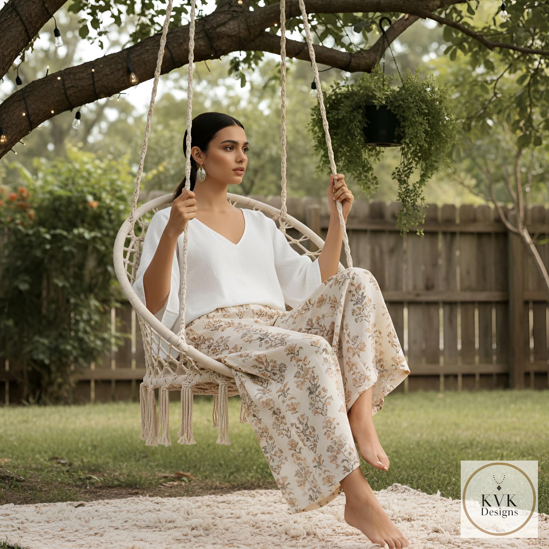 A woman sits in a macrame swing chair outdoors. She wears a white V-neck top and floral print pants. The swing hangs from a tree branch, and a rug is beneath the swing. The KVK Designs logo is in the bottom right corner.