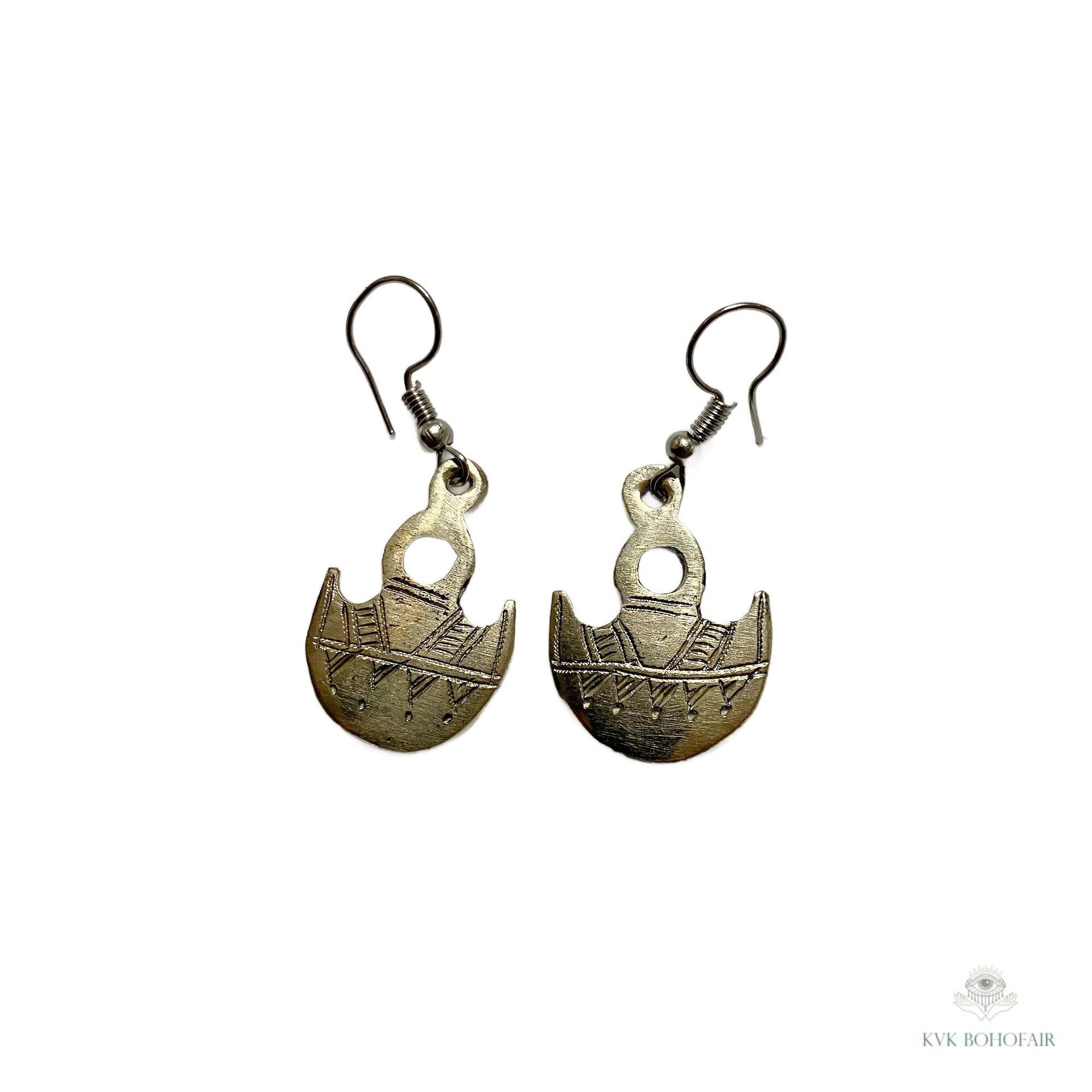 Handcrafted Tuareg Silver Gofed Earrings, Ethnic African Tribal Dangles, Stainless Steel Hooks