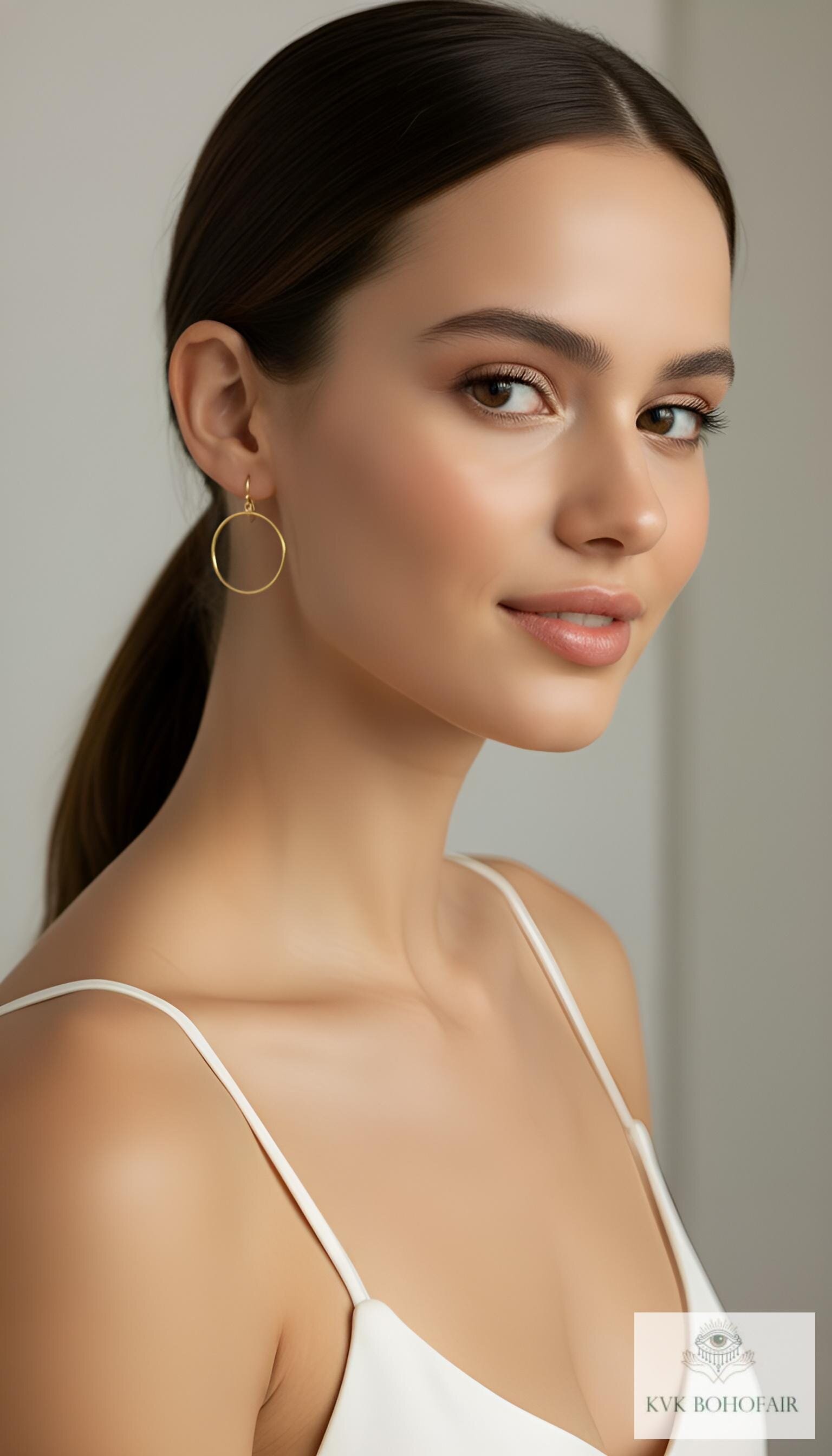 Handcrafted Gold Dangle Hoop Earrings - Medium Circle Drops