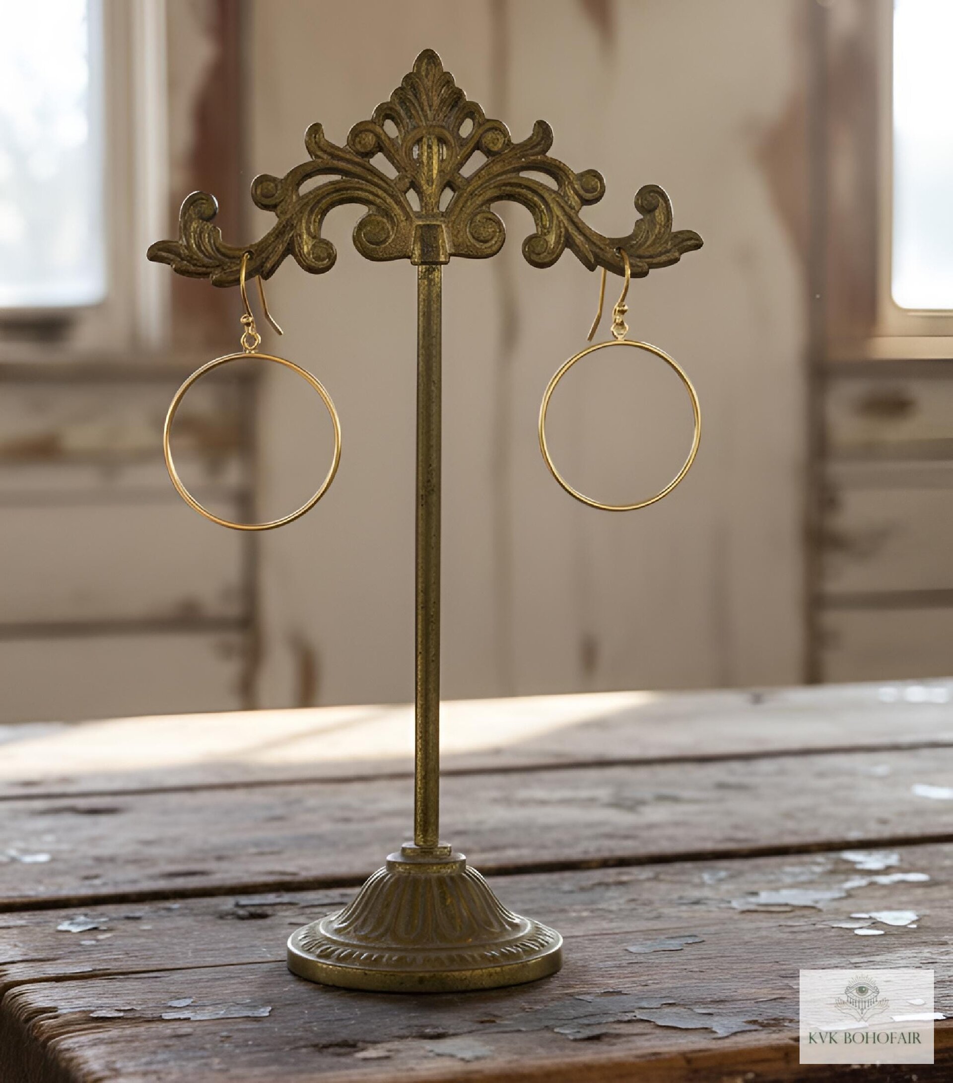 Handcrafted Gold Dangle Hoop Earrings - Medium Circle Drops