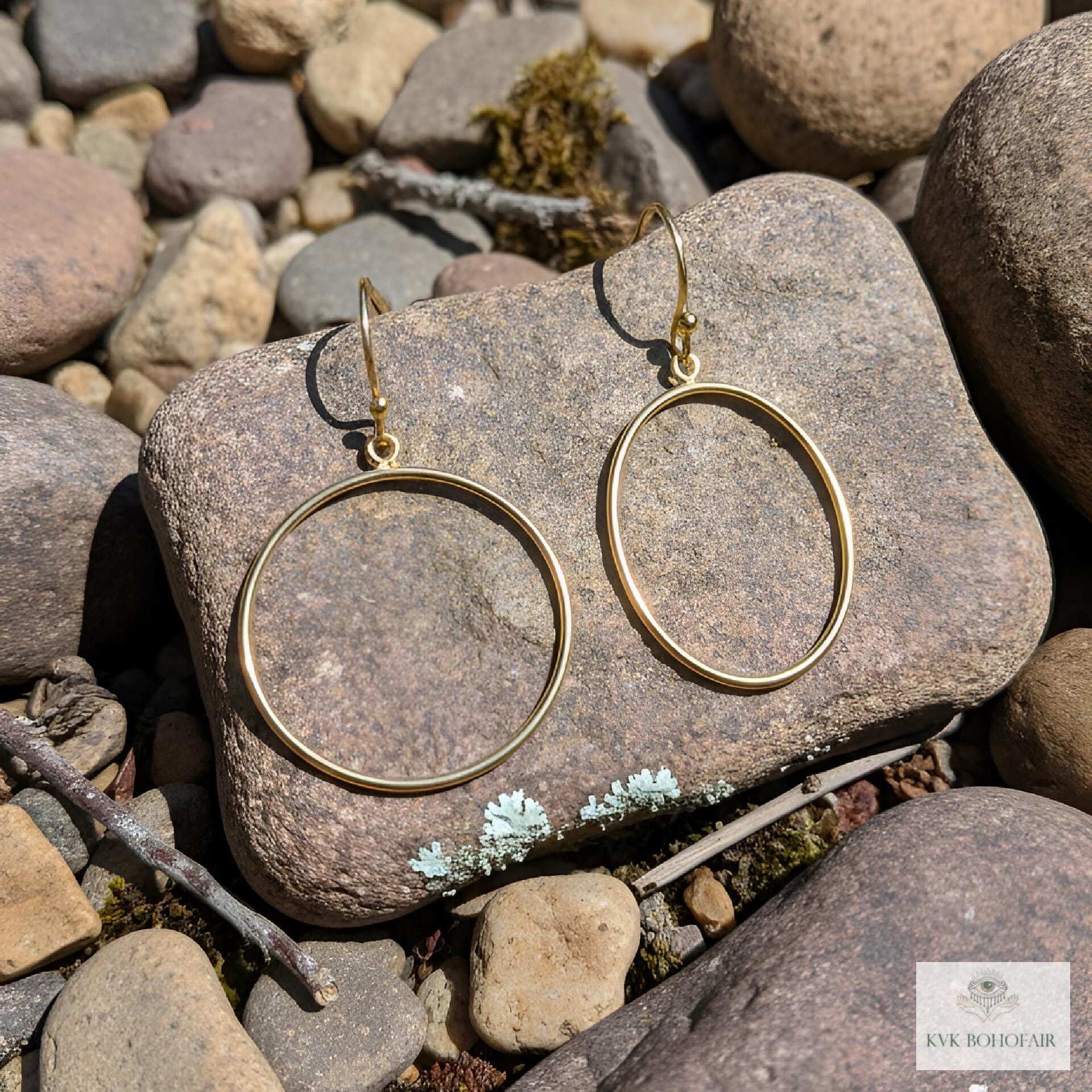 Handcrafted Gold Dangle Hoop Earrings - Medium Circle Drops