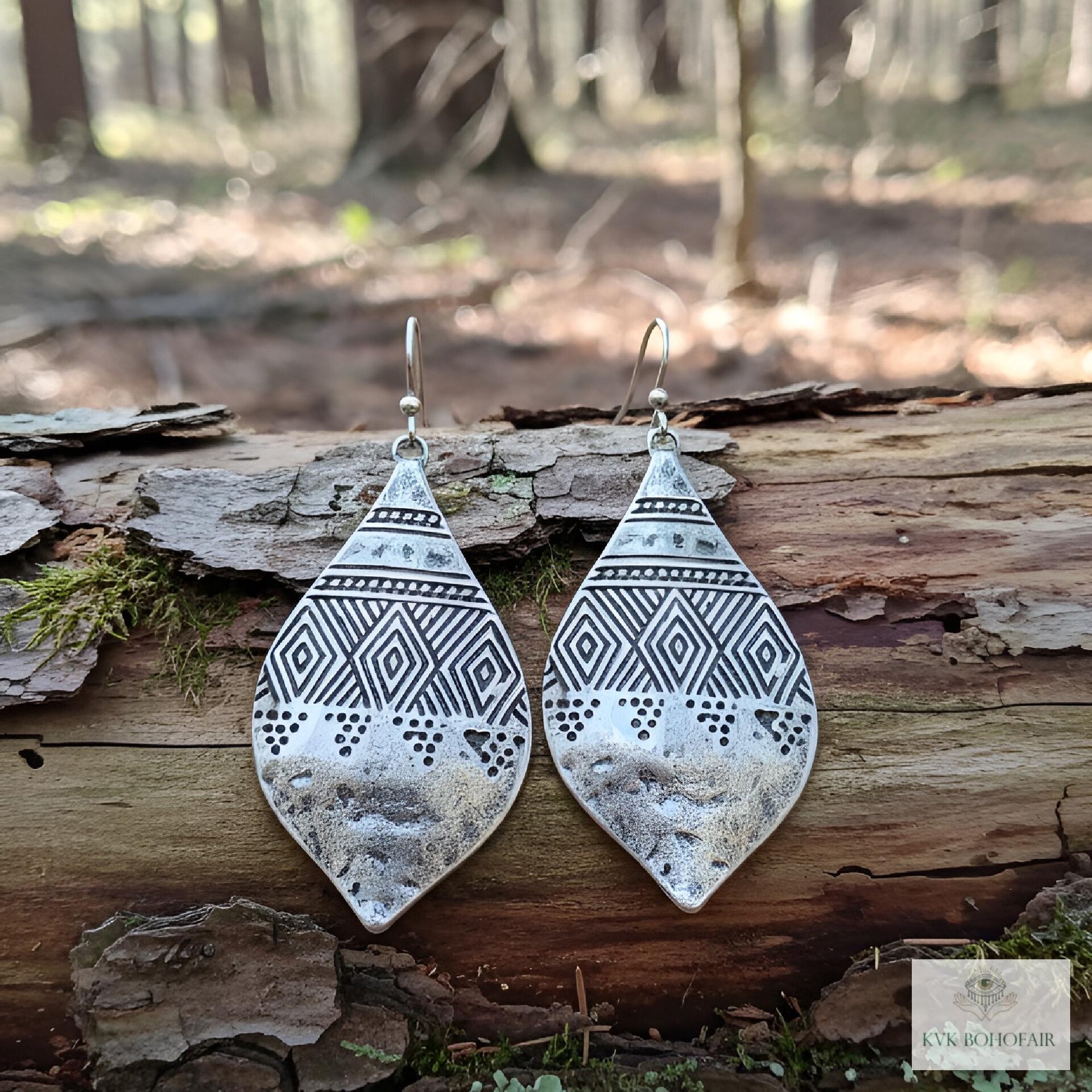 Silver Hammered Tribal Earrings - Geometric Ethnic Drop Earrings